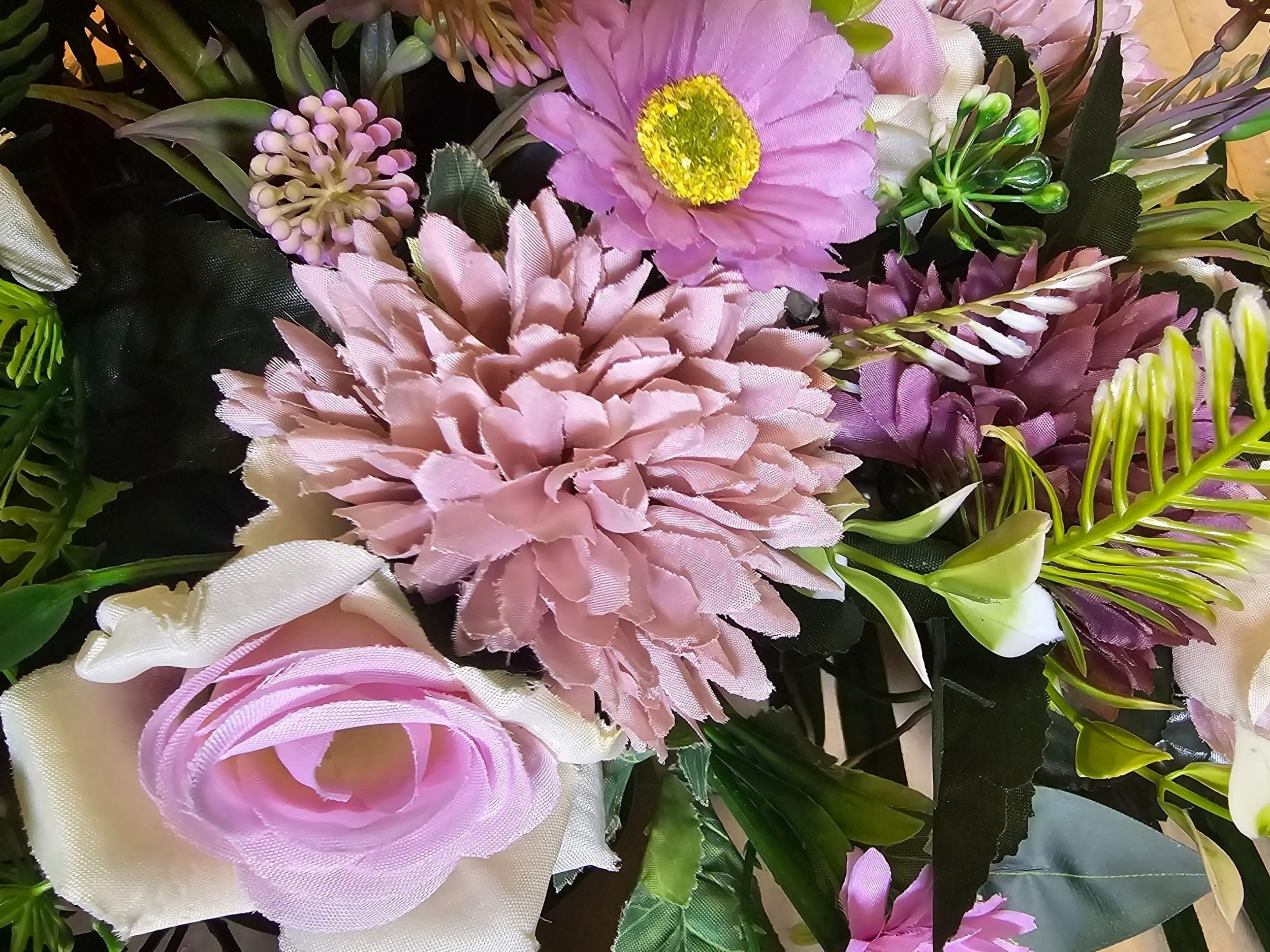 DRW Centro de Flores Artificiales cojin Cementerio procesiones, Iglesias Bodas o sepulturas con Flores Lilas y malvas Estilo Barco 115x45x25