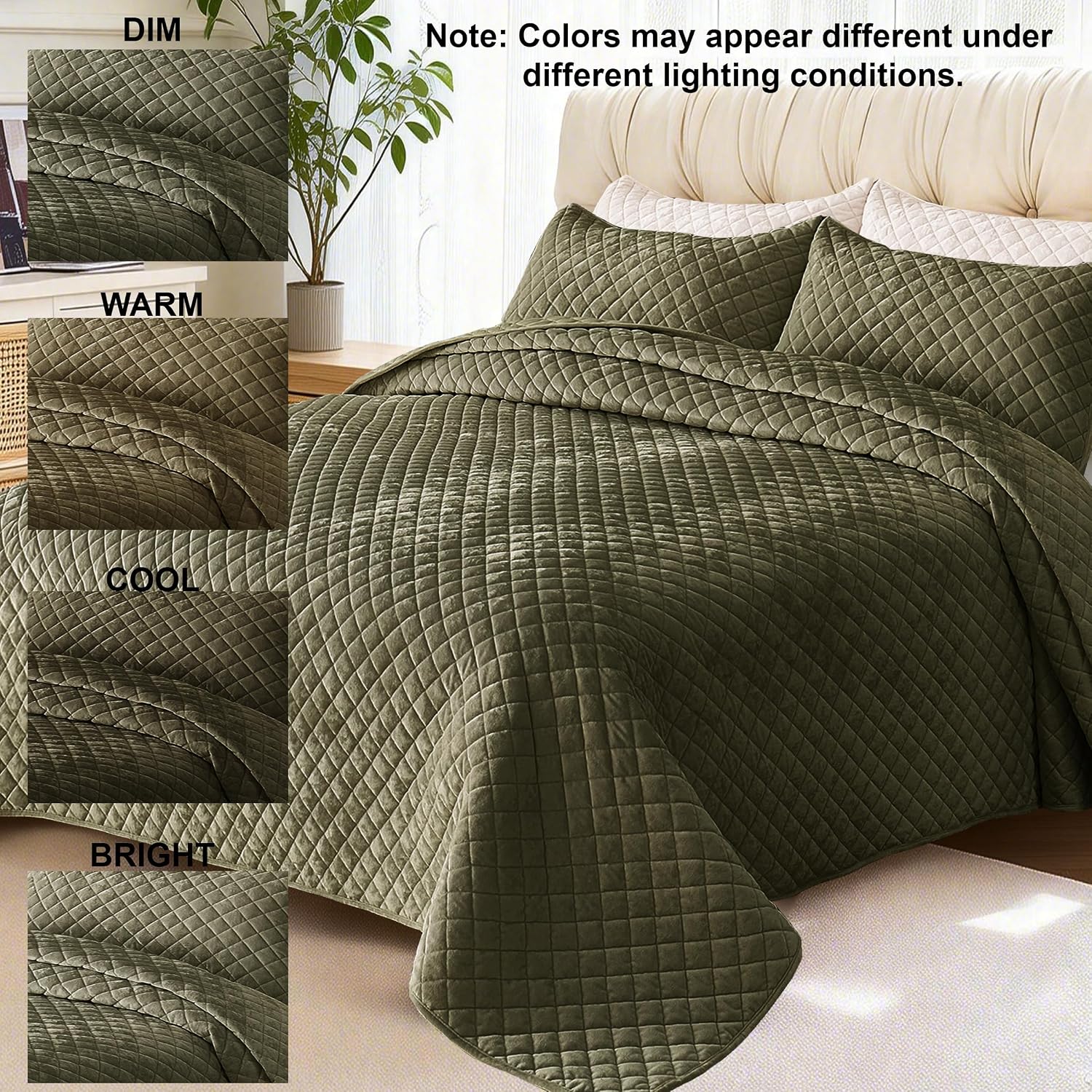 Velvet Quilt Set Oversized King Size 120x128 Luxury Soft Bedspread Coverlet 3-Piece King Comforter Sets with 2 Pillow Shams 20x36 Super Cozy All Seasons Velvet Bedding Set, Army Green