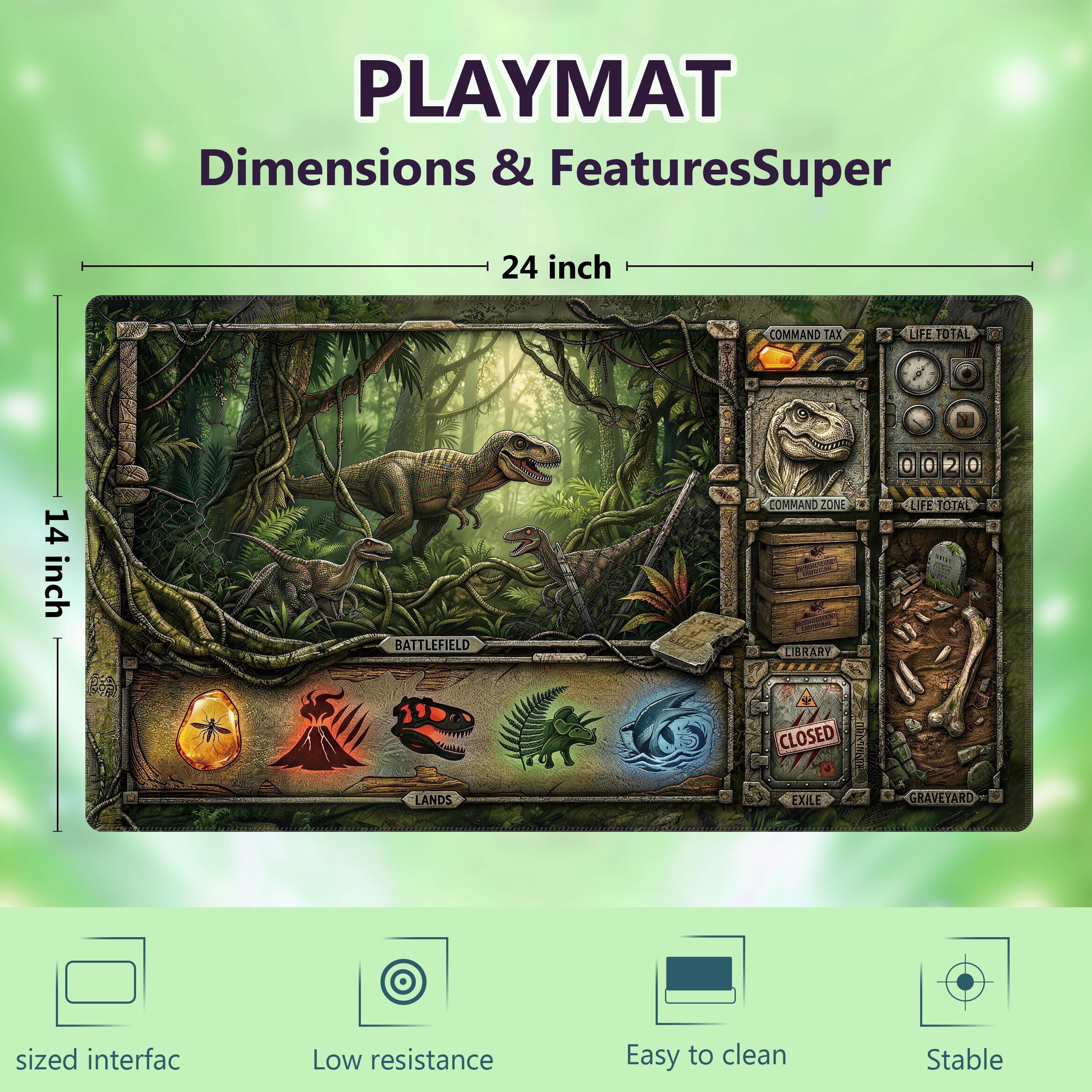 61 x 35,6 cm MTG-Spielmatte mit Aufbewahrungsröhre und 16-teiligem Würfelset – rutschfeste Gummi-TCG-Kartenspielmatte, genähte Kanten, Tischspielmatte (Raptor Jungle, REX-Serie)