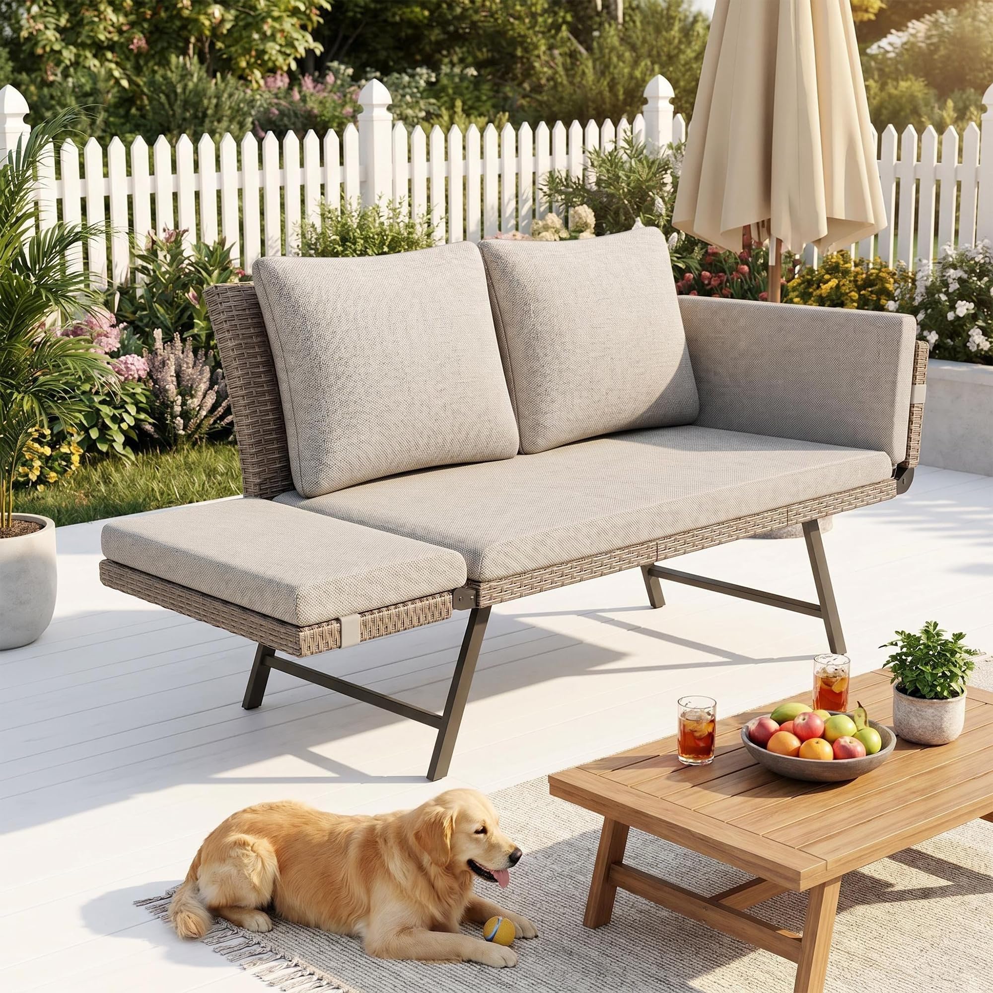 Lot de 2 Canapé de Jardin 2 Places en Poly Rottin avec Accoudoirs Réglables, Chaise Longue pour Terrasse Balcon Patio, Meuble de Jardin avec Coussins Lavables Beige