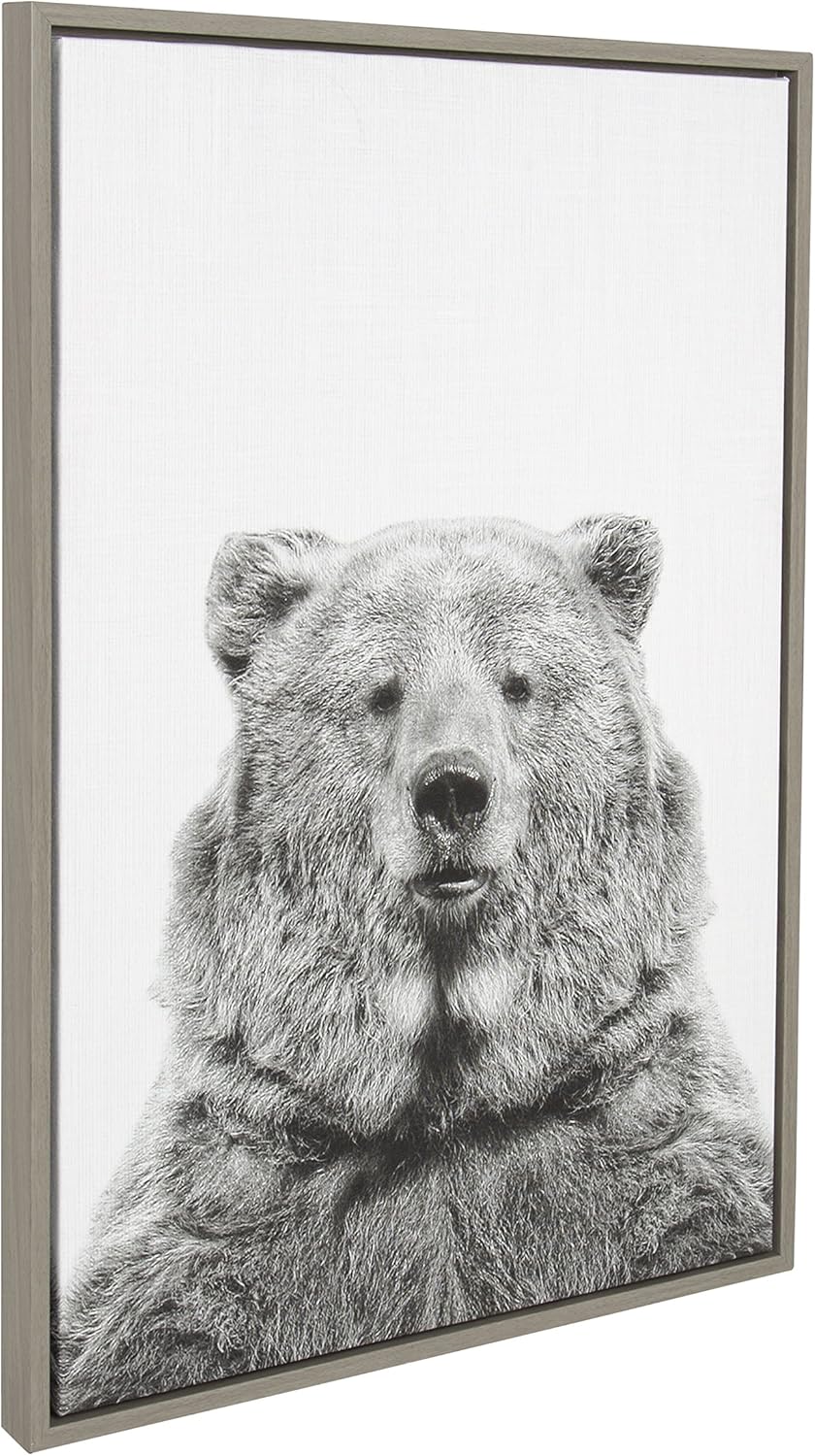 Kate and Laurel Sylvie Bear Animal Print Black and White Portrait Framed Canvas Wall Art by Simon Te Tai, 23x33 Gray