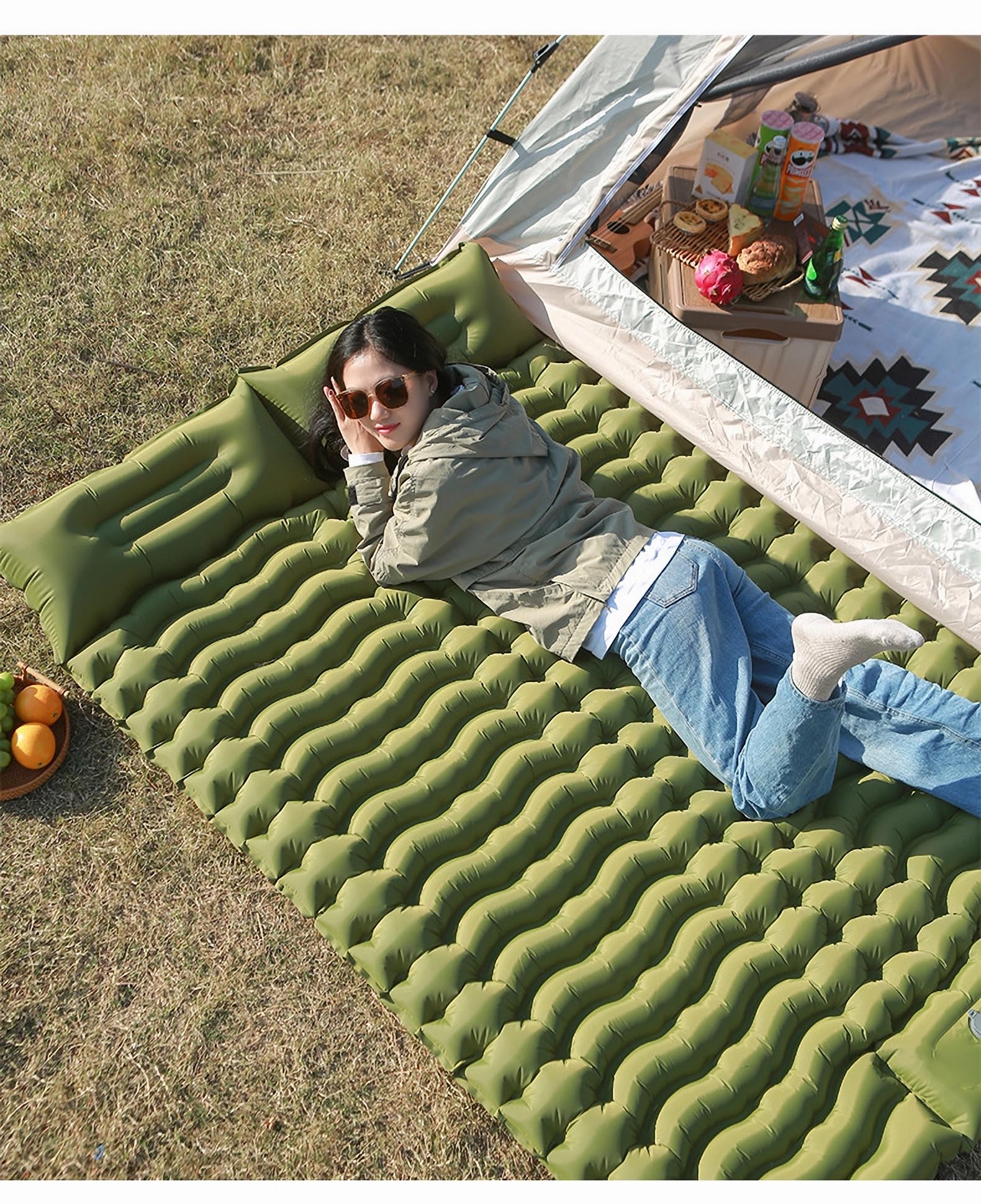 U-HOOMEDouble Sleeping Pad - Self Inflating 4" Extra-Thick for 2 Person with Pillow Built-in Foot Pump Inflatable Sleeping Mat for Backpacking, Hiking, Traveling, Tent, Portable Camping Mat