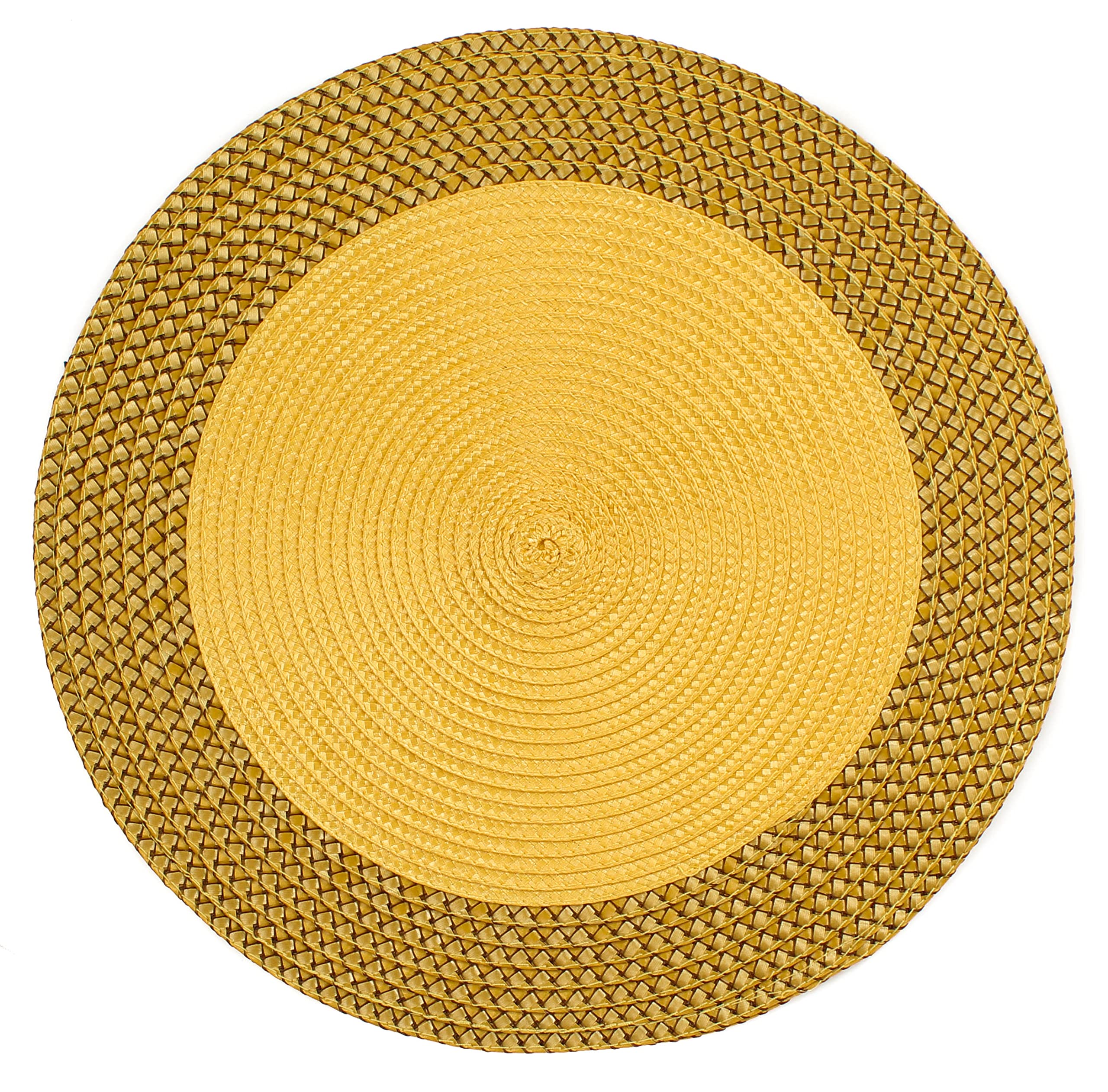 Rome Woven Braided Stitch Edge Table Placemats 15 Inches Round Set of 4 Non-Slip Dining & Kitchen Table Mats (Yellow)
