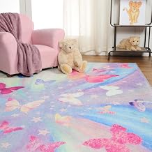 BLUENILEMILLS BNM Indoor Area Rugs, Kids Multi-Color Playmat, Flatweave Rug, Perfect for Daycare, Nursery, Bedroom, Playroom, Living Room, Butterfly Kids Indoor Area Rug, 4' x 6', Magenta