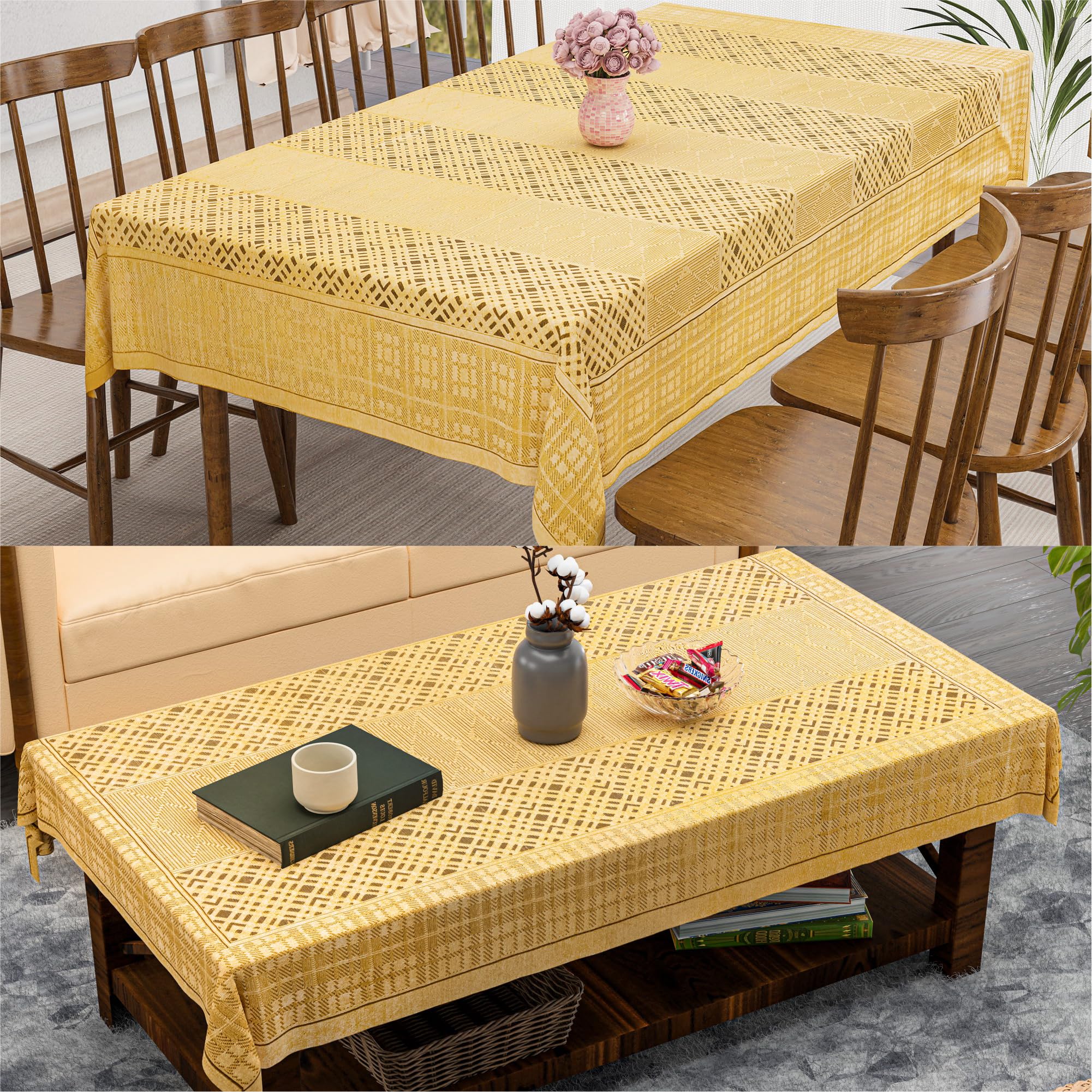 Kuber Industries 2 Pcs Net Cotton Center & Dining Table Combo | Kitchen Accessories Items for Home | Teapoy Center & Dining Table Cover 6 Seater | Zig Zag Bright - Golden