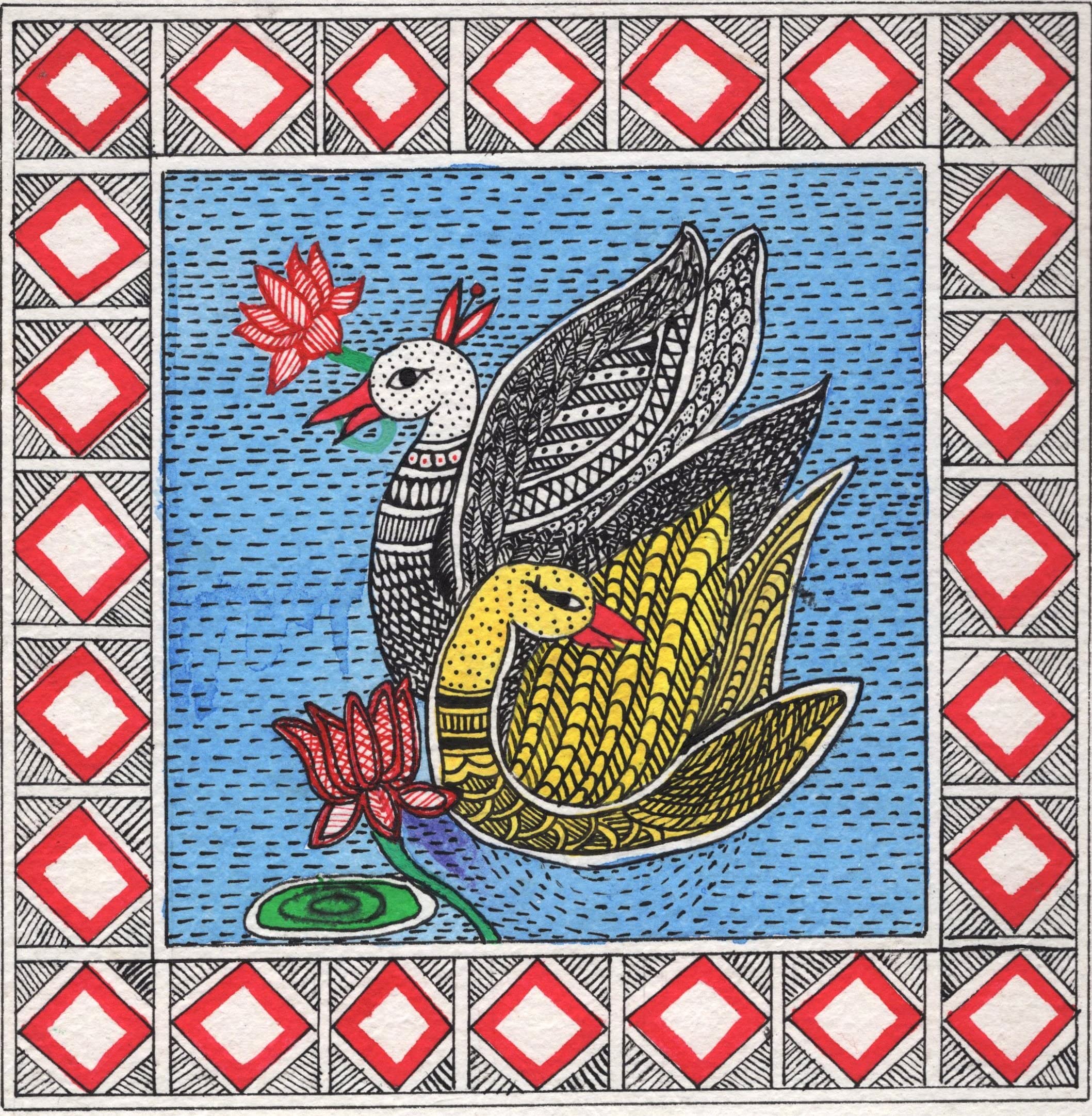 Madhubani Swan Bird Ethnic Art Handmade Indian Tribal Mithila Nature Painting