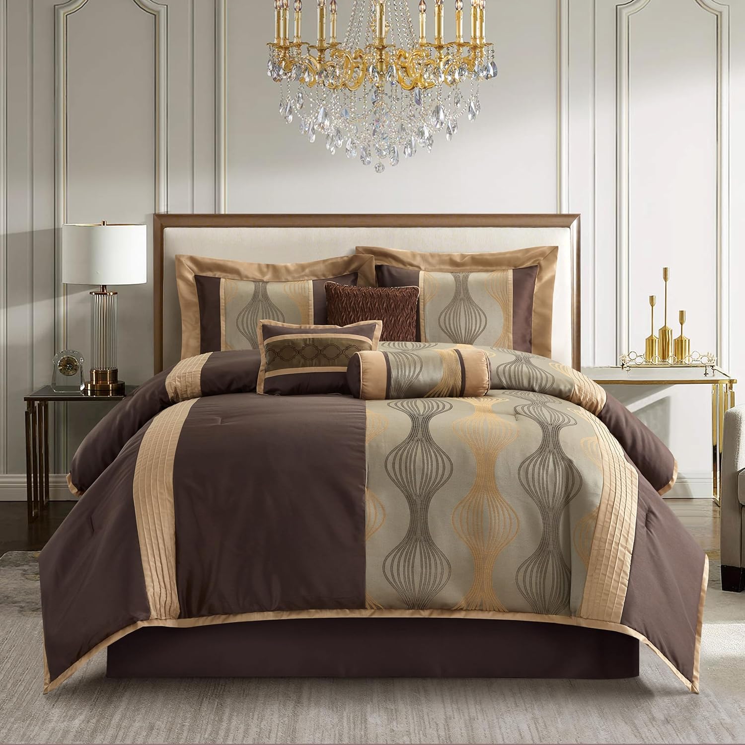 Stratford Park Elegant Brown Comforter Set,7 Piece Bed in a Bag, Cal King Size, Striped, Jacquard Bedding Set All Season, Matching Decorative Pillows, Pillow Sham