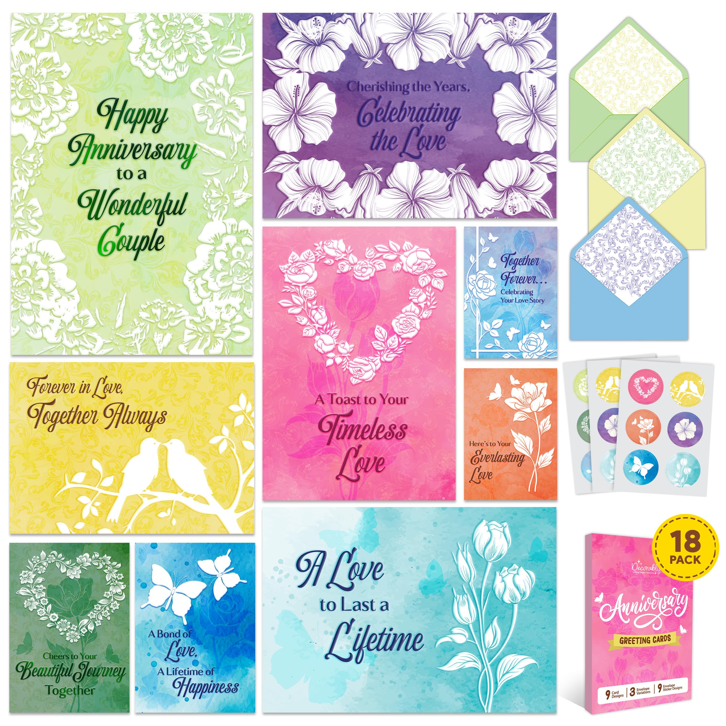 Decorably 18 Pack Foiled 5x7in Textured Happy Anniversary Cards for Couples with Envelopes and Stickers, 9 Lovely Designs for Parents, Grandparents,