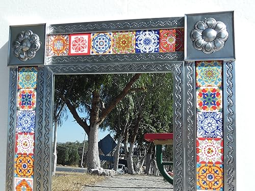 Miniatura 2 de 24" PUNCHED TIN MIRROR mixed talavera tile mexican ethnic hand made folk art