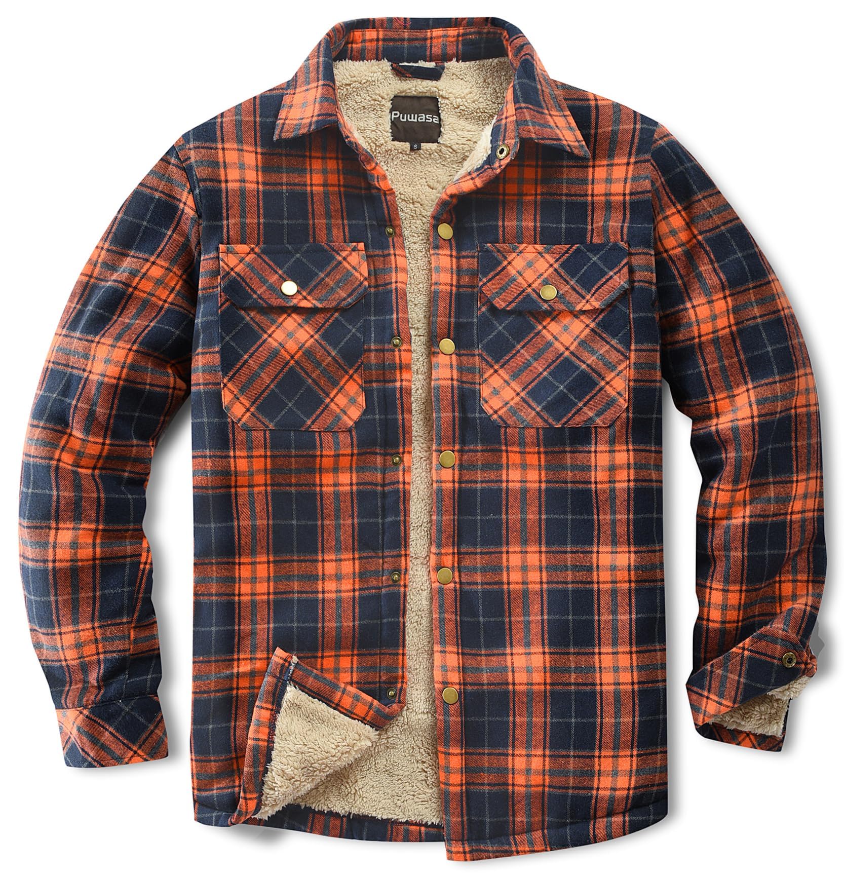 Men's Sherpa Cotton Flannel Shirt Jacket Plaid Button Coat Pocket