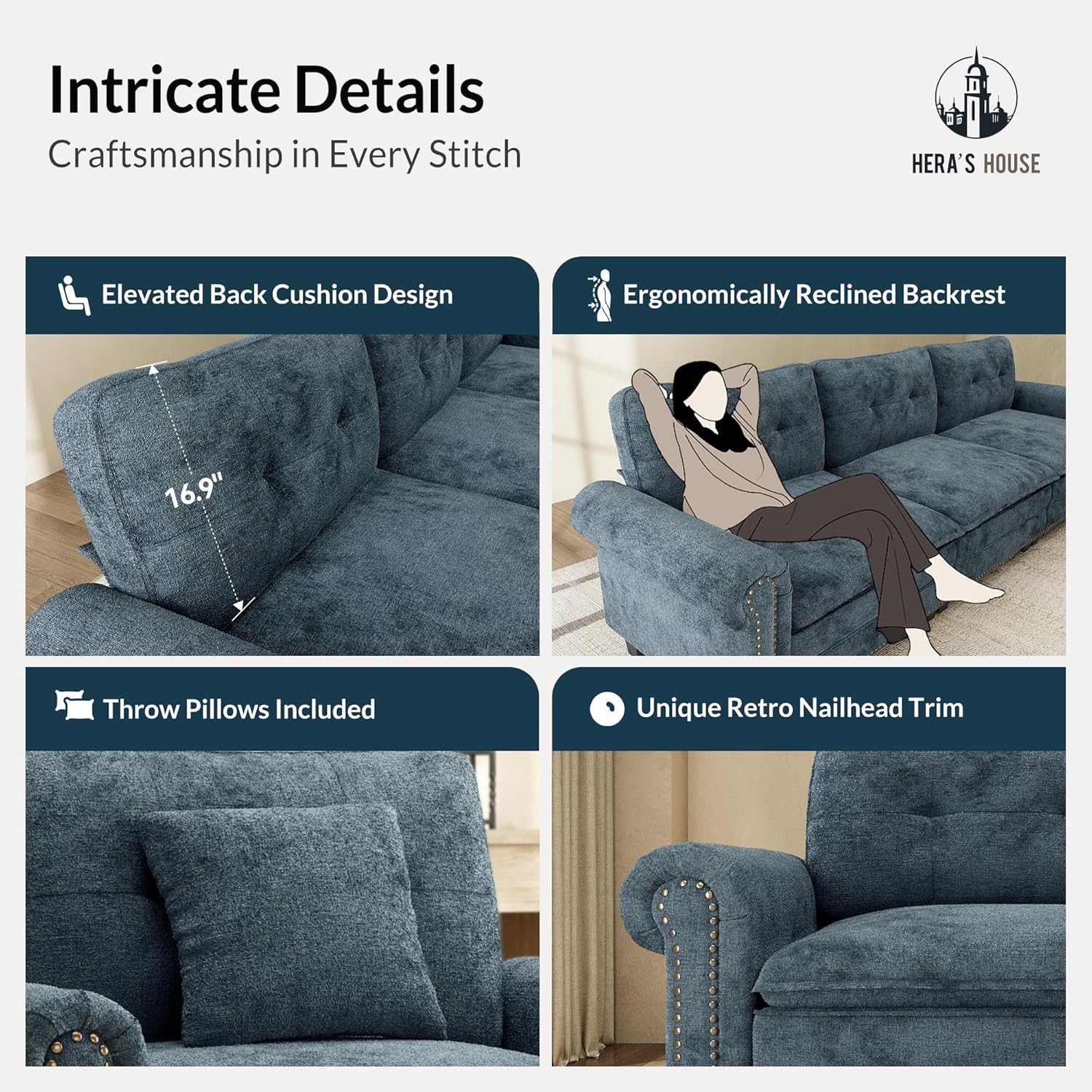 HERA'S HOUSE 116.1" Classic Mid-Century Modern Couch, Oversized U Shaped Pet Friendly Couch for Living Room, Comfy Cloud Sofa with Ottoman, 5-Seater Deep Seat, Chenille Cyan