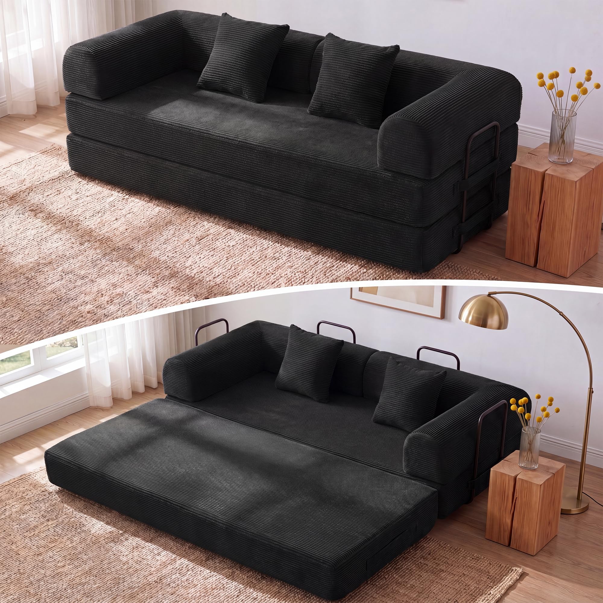 79" Convertible Futon Sofa Bed, Boneless Couch for Living Room | Corduroy Boneless Loveseat Sleeper Sofa, Modular Futon Couch with Fixed-Shape Frame, Pull Out Couch No Assembly | Black