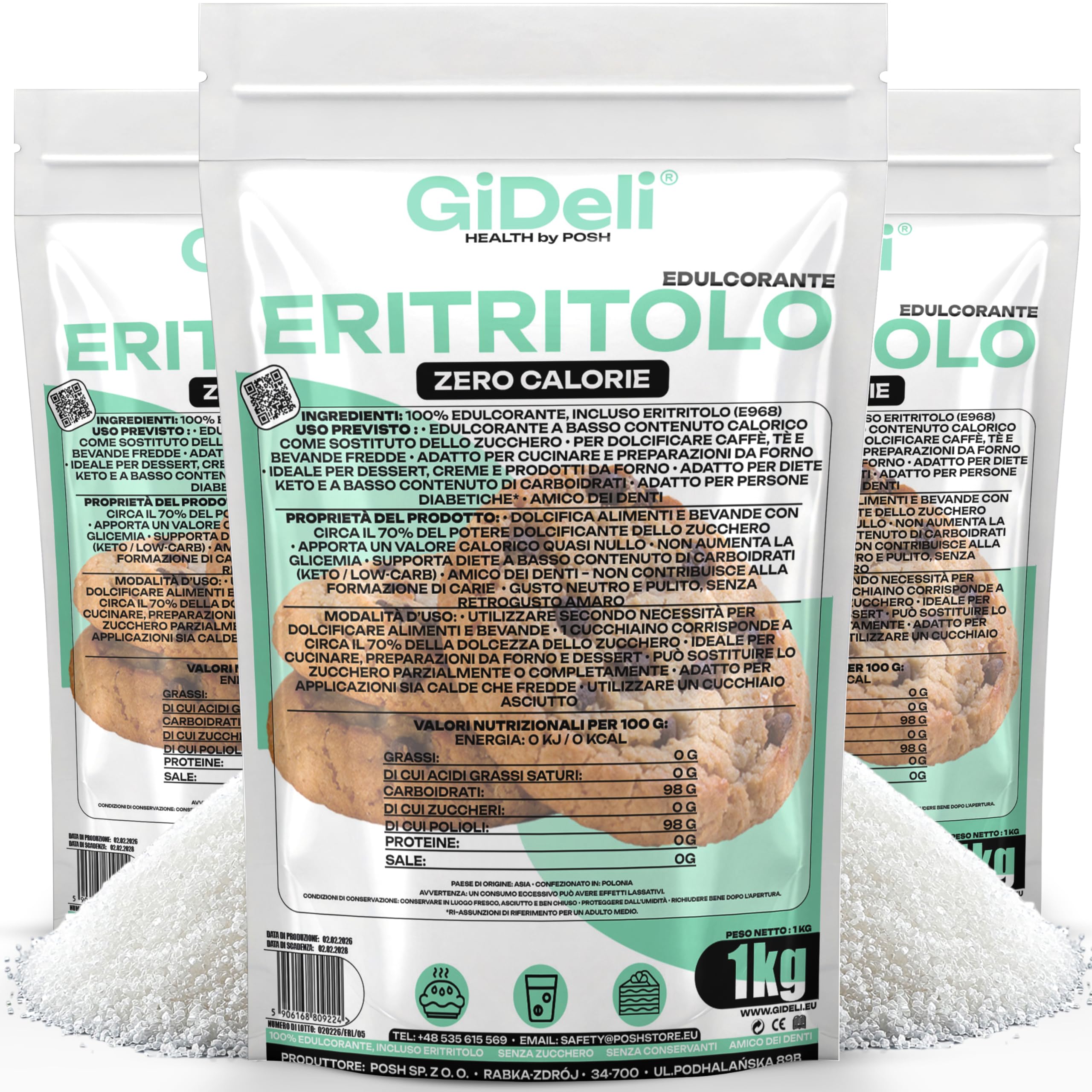 GiDeli Eritritolo 3 kg di zucchero semolato privo di calorie come alternativa allo zucchero vegano e dentale
