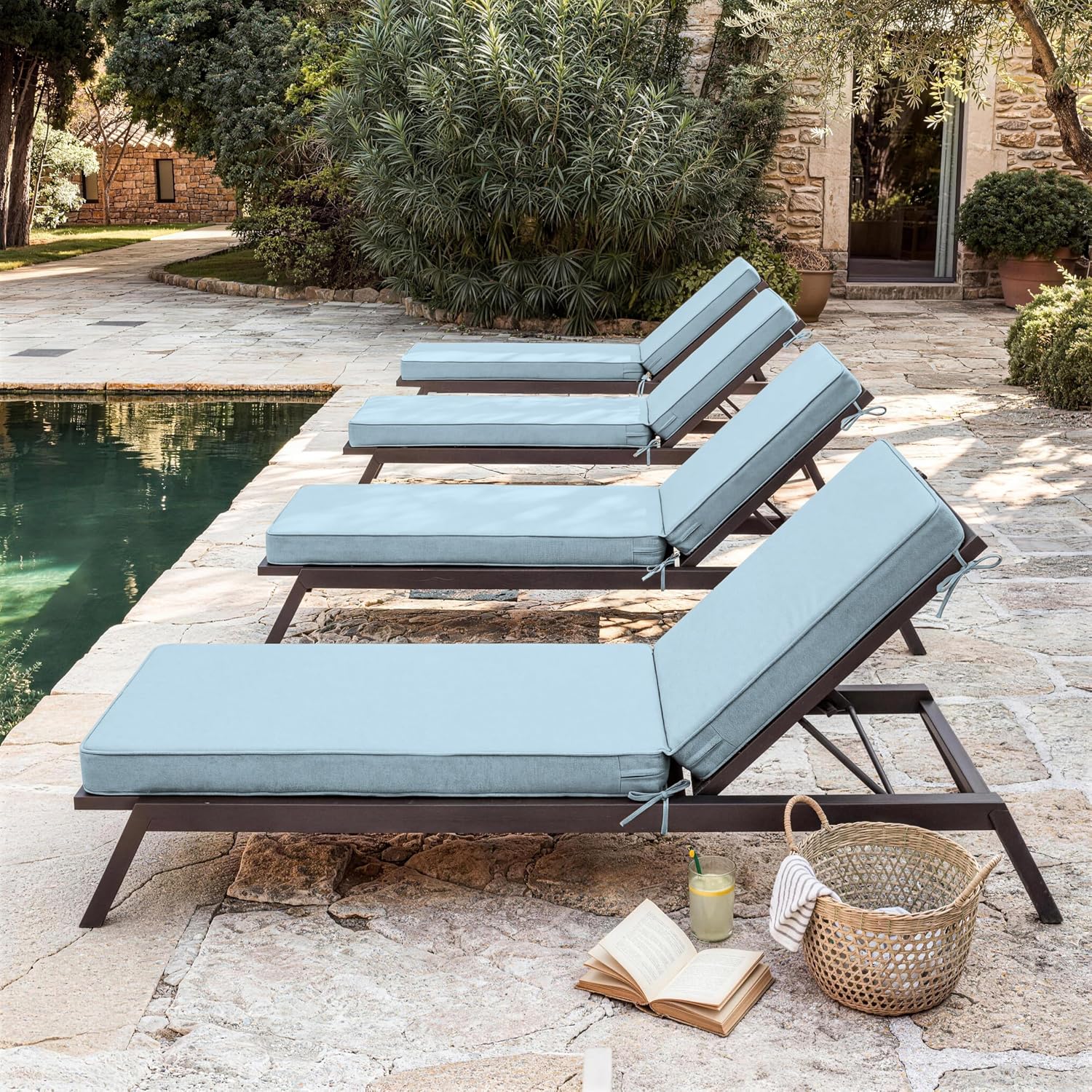 Outdoor Chaise Lounge Cushions Set of 4,Waterproof & Fade-Resistant Lounge Chair Cushion with Removable Cover & Tie Straps,Replacement Lounge Chair Pads for Lawn, Patio, Pool & Beach