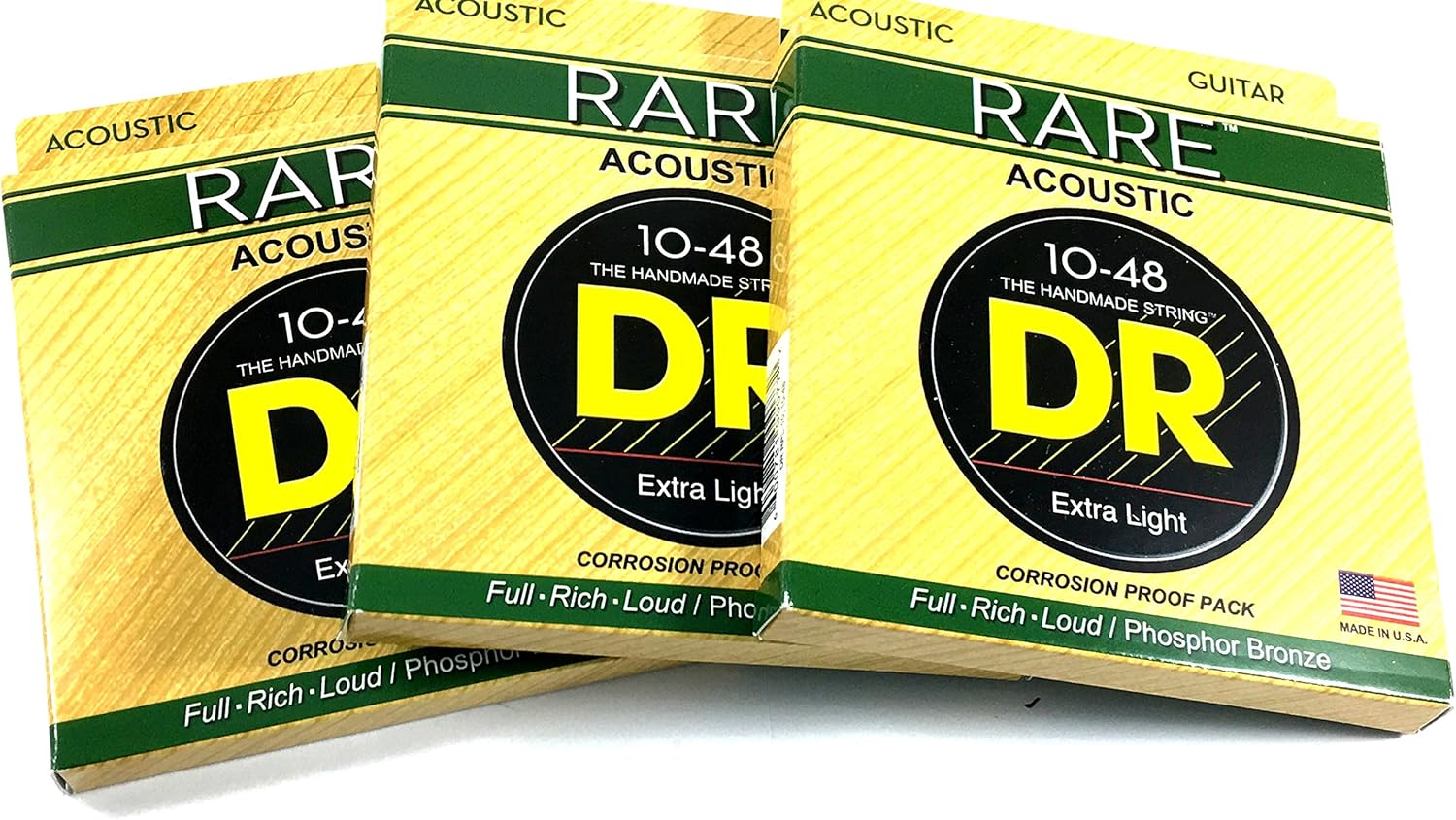 DR Guitar Strings 3 Pack Acoustic RARE Phosphor Bronze Hex Cores RPL-10 10-48