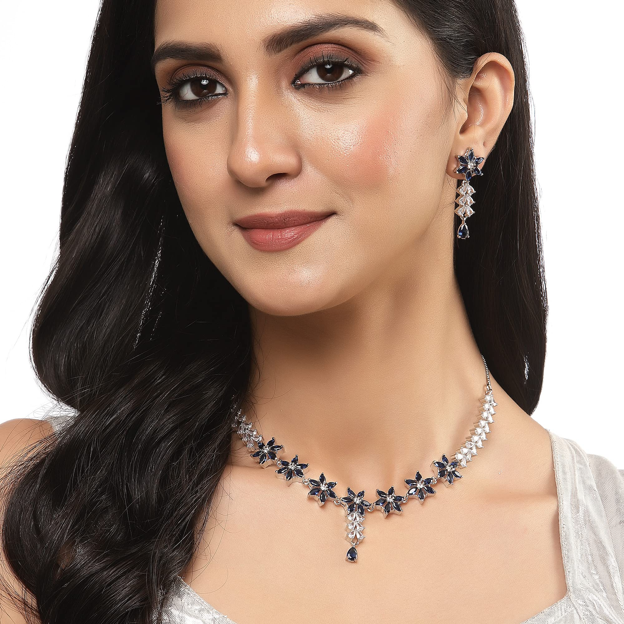 Star Shaped Silver Toned Necklace Earrings Set with American Diamond