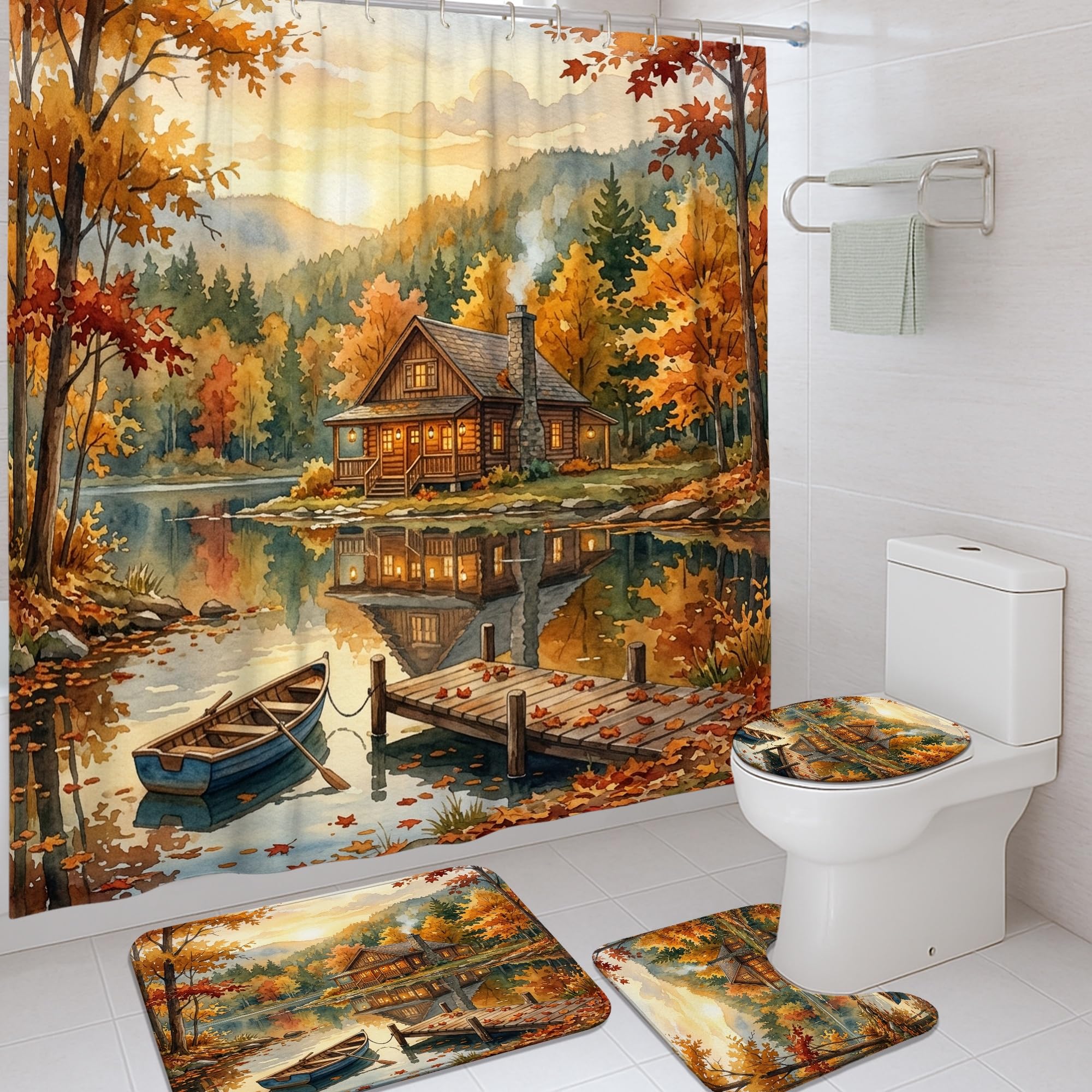 Rideau de douche pour chambre d'amis avec tapis motif forêt rustique