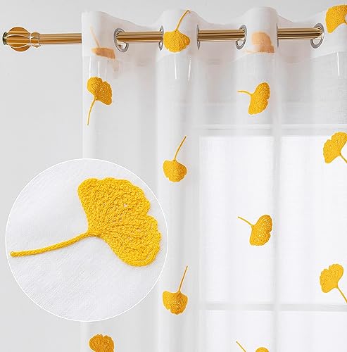 Cortinas traslúcidas amarillas de 95 pulgadas de largo bordadas con estampado de hojas, aspecto de lino, cortinas semitransparentes para dormitorio