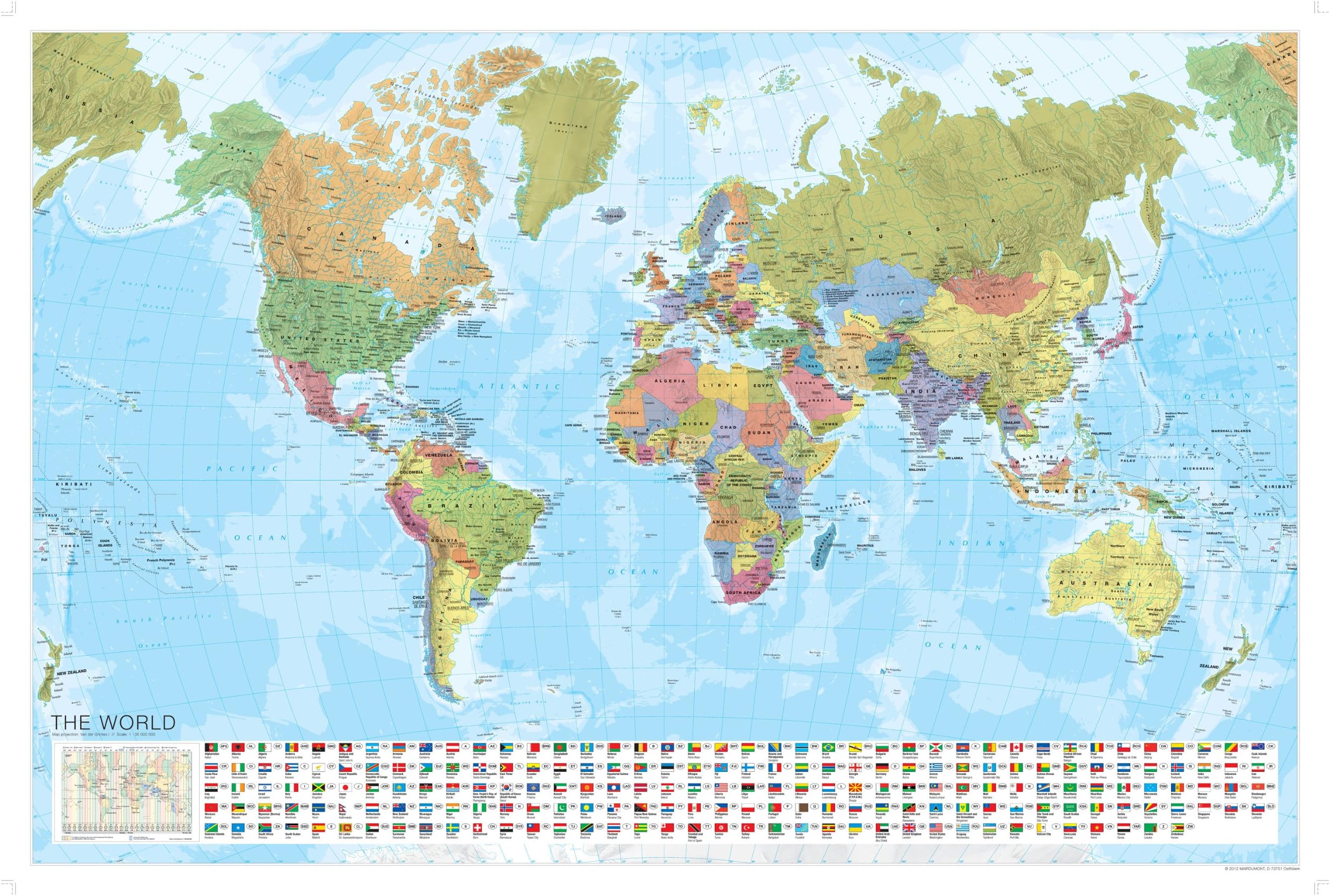 World Wall Map with Flags - Marco Polo - Laminated - 120cm (w) x 80cm (h) (Marco Polo Maps)