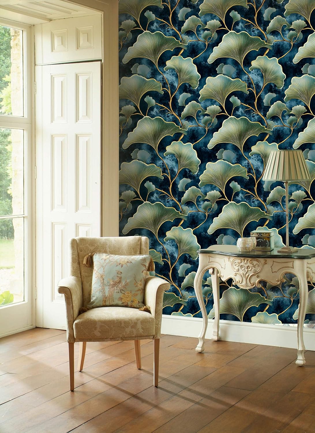 Ginkgo Leaves Peel and Stick Wallpaper, Modern Gold and Navy Wallpaper, Self Adhesive Vinyl Wall Paper for DIY Home Decor, 17.7in x 236in