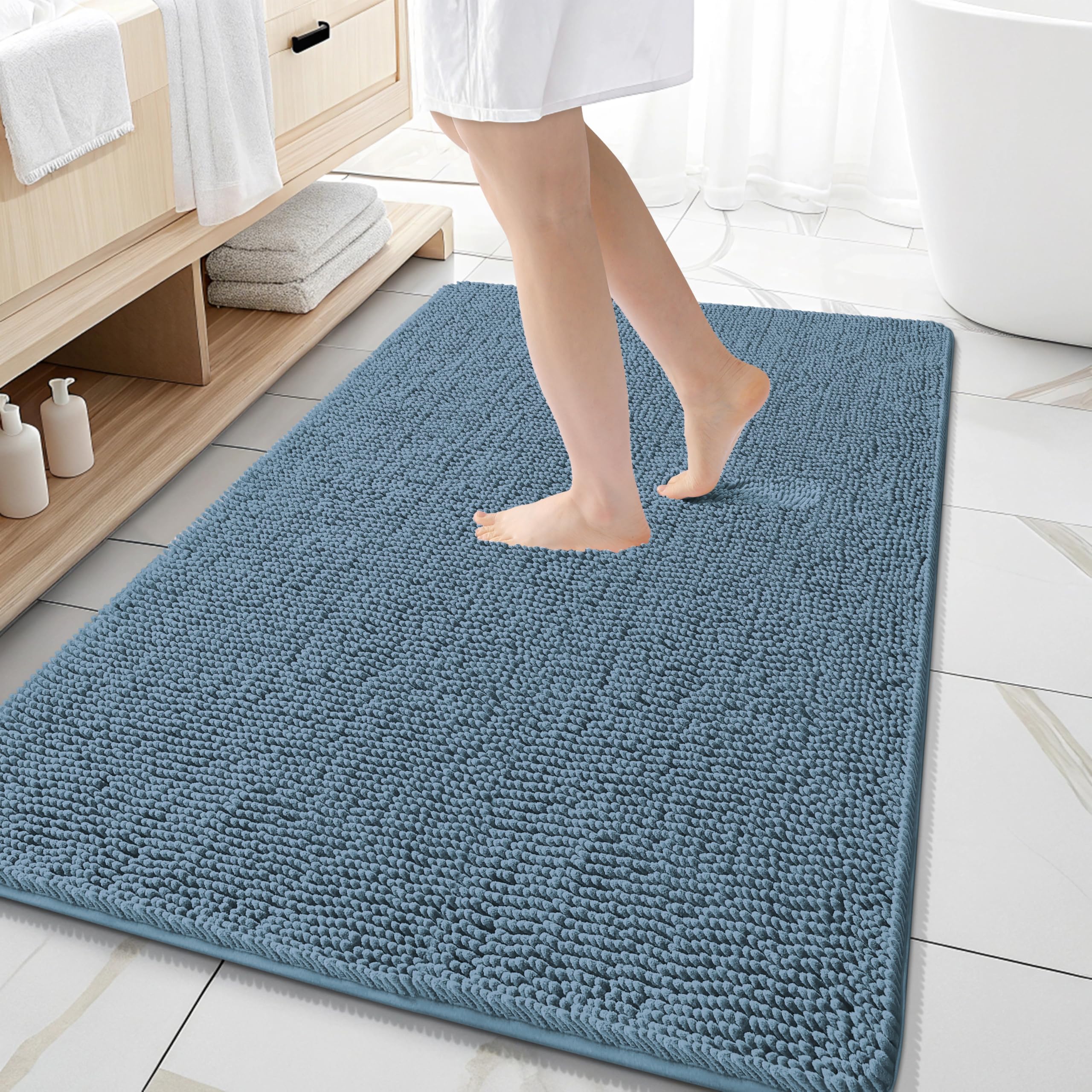 OLANLY Large Bathroom Rugs 59x35, Extra Soft Absorbent Chenille Bath Rugs | Airy Blue, Quick-Drying Rubber Backing, Machine Washable Bath Mat for Bathroom Floor, Tub and Shower, Home Decor Accessories