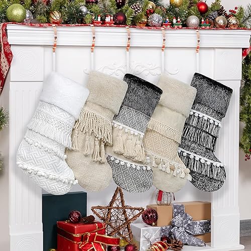 Miniatura 2 de BHD BEAUTY 2025 New Farmhouse Bohemian Style Christmas Stocking Set of 5 Tassel Xmas Stocking Boho Macrame Decorations Mantel Hanging Ornament for