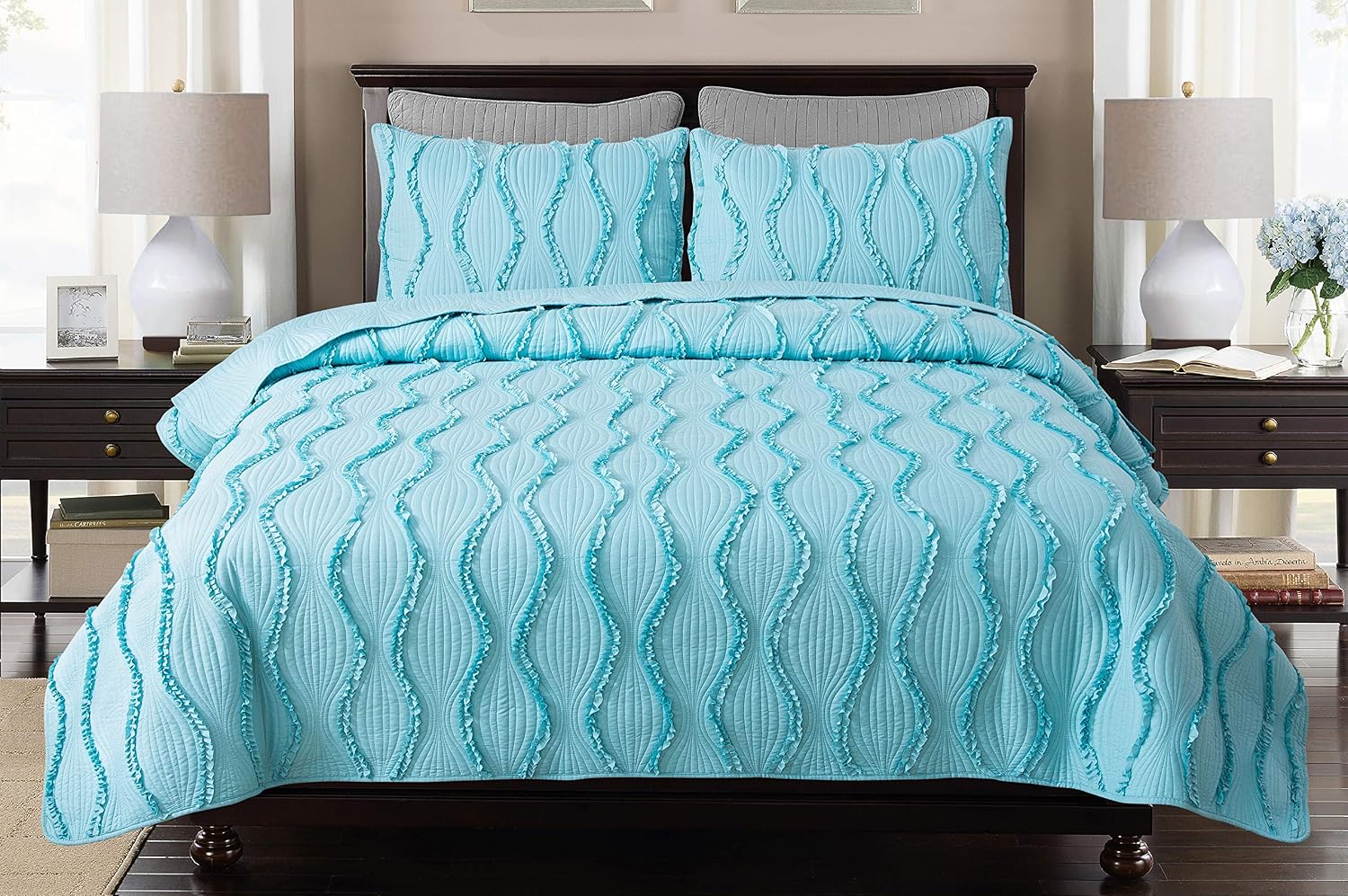 Felix Angela Home Quilt Set Aqua Twin Size (68x88 inches)-Ogee Ruffle Pattern Bedspread-Soft Microfiber Lightweight Coverlet for All Seasons-3 Piece (Includes 1 Quilt and 2 Shams)