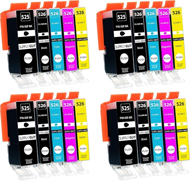 20 Ink Cartridges compatible with Canon PGI-525 CLI-526 with Chip and Level Indicator for Pixma IP4850 IP4950 IX6500 IX6550 MG5140 MG5150 MG5200 MG5240 MG5250 MG5300 MG5340 MG5350 MX715 MX885 MX895