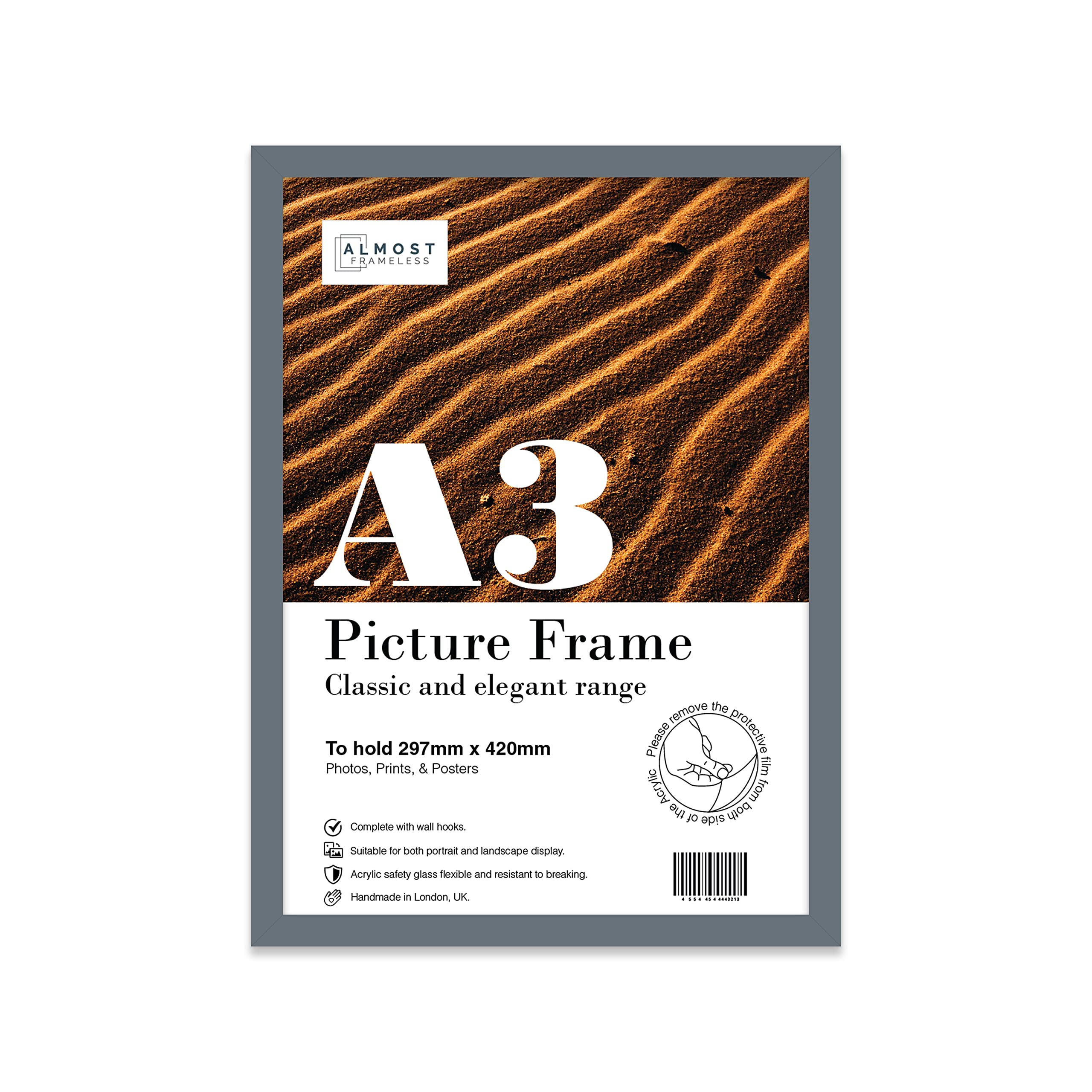 Almost Frameless Grey Picture Frame A3 Fits A3 (29.7 X 42Cm - 11.7 X 16.5In) Poster, Photo, Or Print. Portrait And Horizontal Wall Hooks