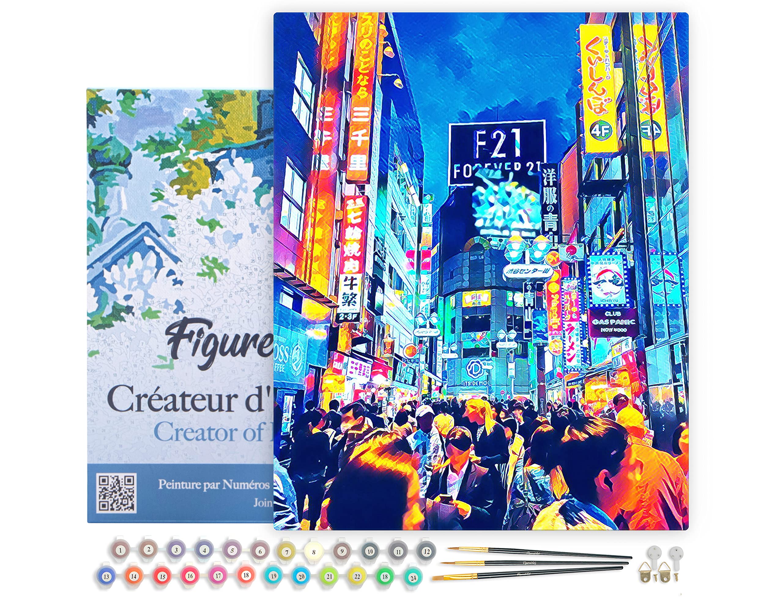 Figured'Art Paint by Numbers for Adults with Frame Tokyo Shibuya 40x50cm - Craft Art Painting DIY Kit Canvas Already Stretched on a Wooden Frame โ image 1