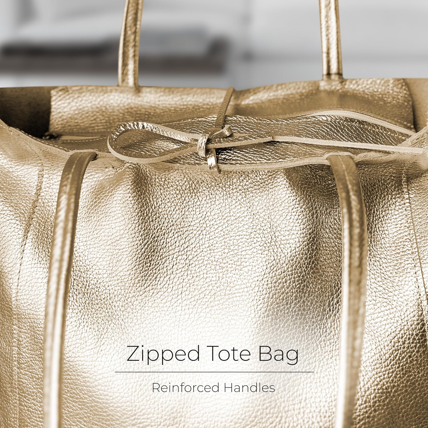 Italian Metallic Calf Leather Tote Bag for Women with Zipper, Inner Pocket & Flat Base | Soft Unlined Shopper Handbag - Image 5