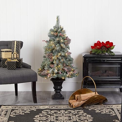 Miniatura 5 de Nearly Natural Árbol de Navidad artificial de pino esmerilado, piña y bayas con 100 luces LED transparentes en urna decorativa