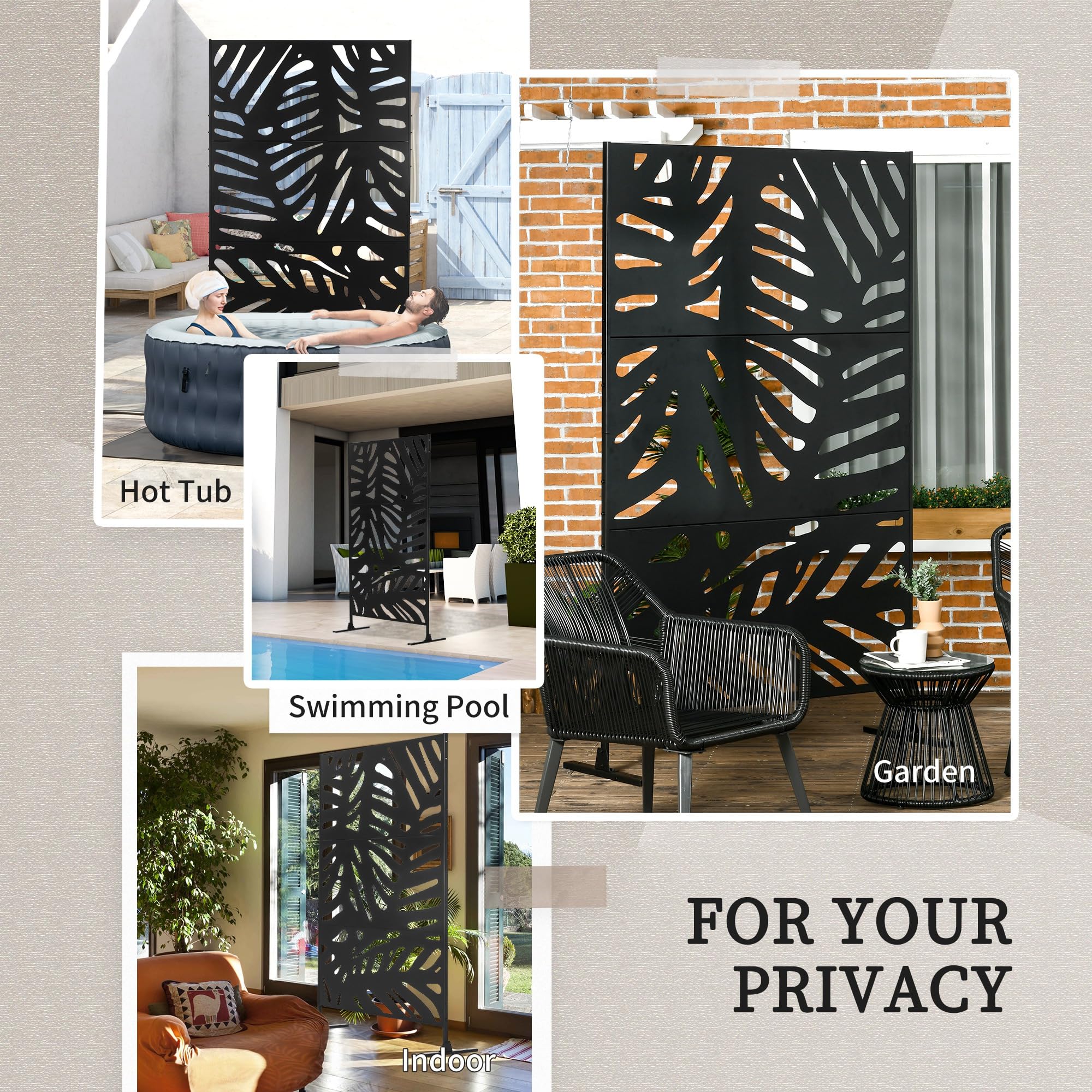 Outsunny Biombo de 3 Paneles Exterior con Soporte 122x198 cm Negro | Biombo Separador de Ambientes, Tornillos de Expansión, Diseño de Hojas, Jardín, Patio, Terraza
