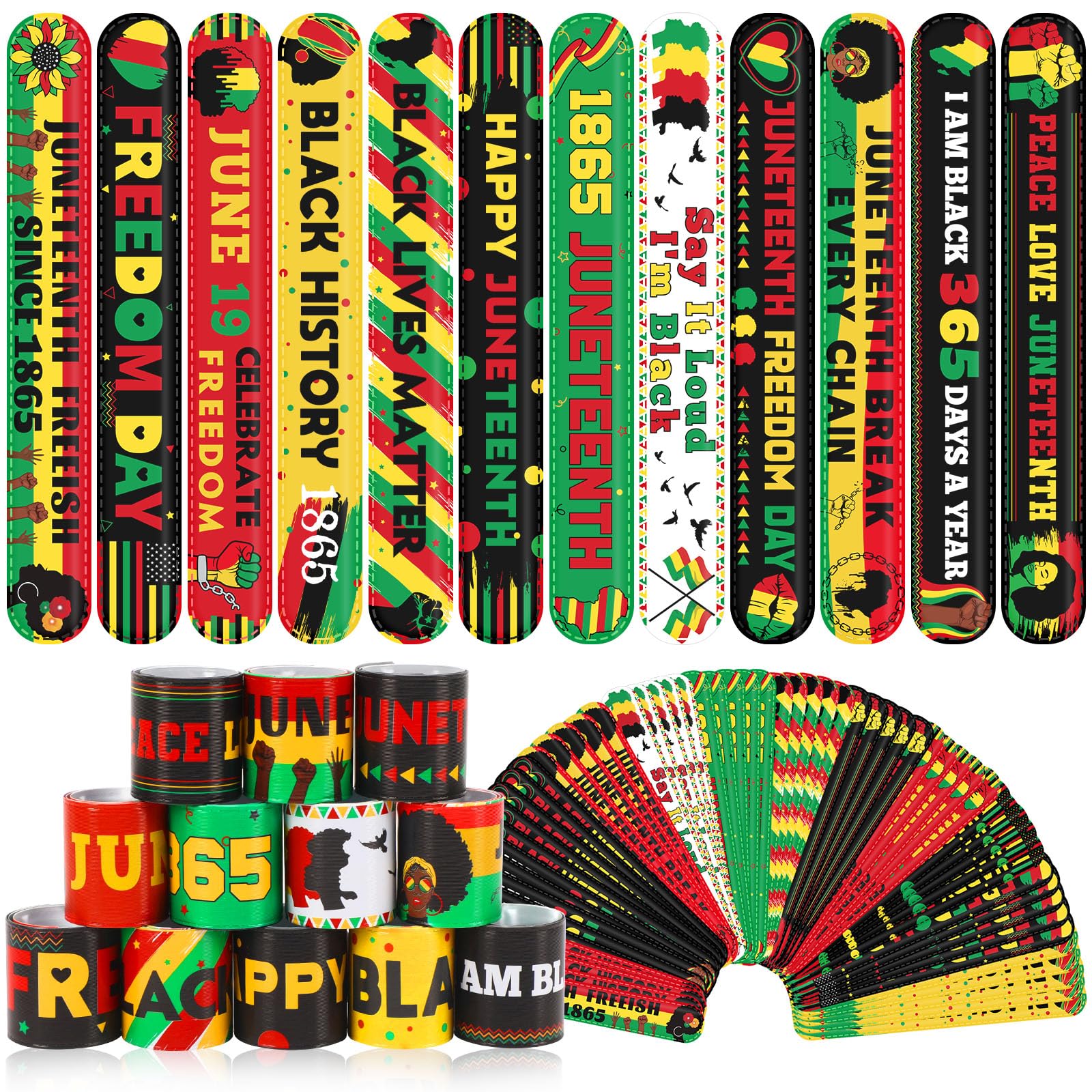JUNEBRUSHS 56Pcs Juneteenth Slap Bracelets, Wristbands Bracelets in Bulk for Happy Juneteenth Party Favors Accessories Gifts Decorations