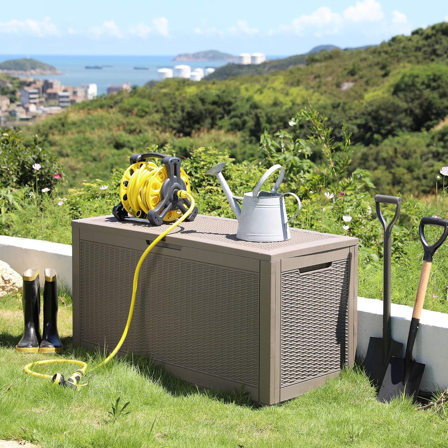 YITAHOME 100 Gallon Large Resin Deck Box Outdoor Storage Boxes for Patio Furniture, Outdoor Cushions, Garden Tools and Pool Supplies-Waterproof,Lockable (Light Brown) : Patio, Lawn & Garden