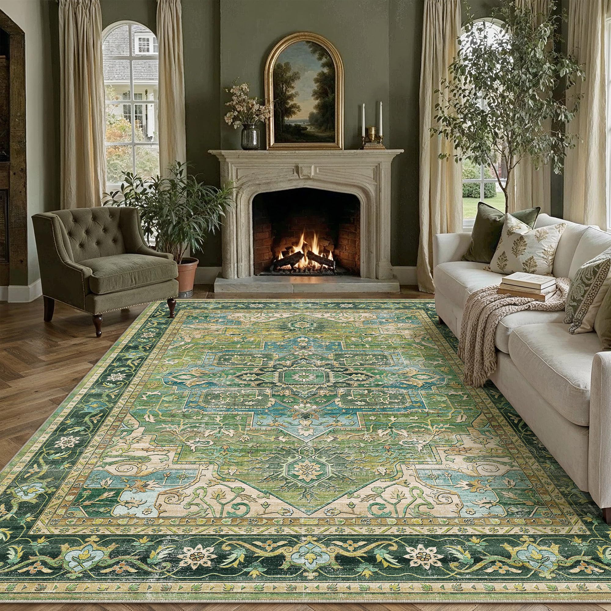 PureCozy Vintage Green Rugs Living Room Area Rug 200x300cm Washable Non Slip Carpet Bedroom Bedside Office Kitchen Dining Room Indoor Low Pile Soft Large Retro Carpets