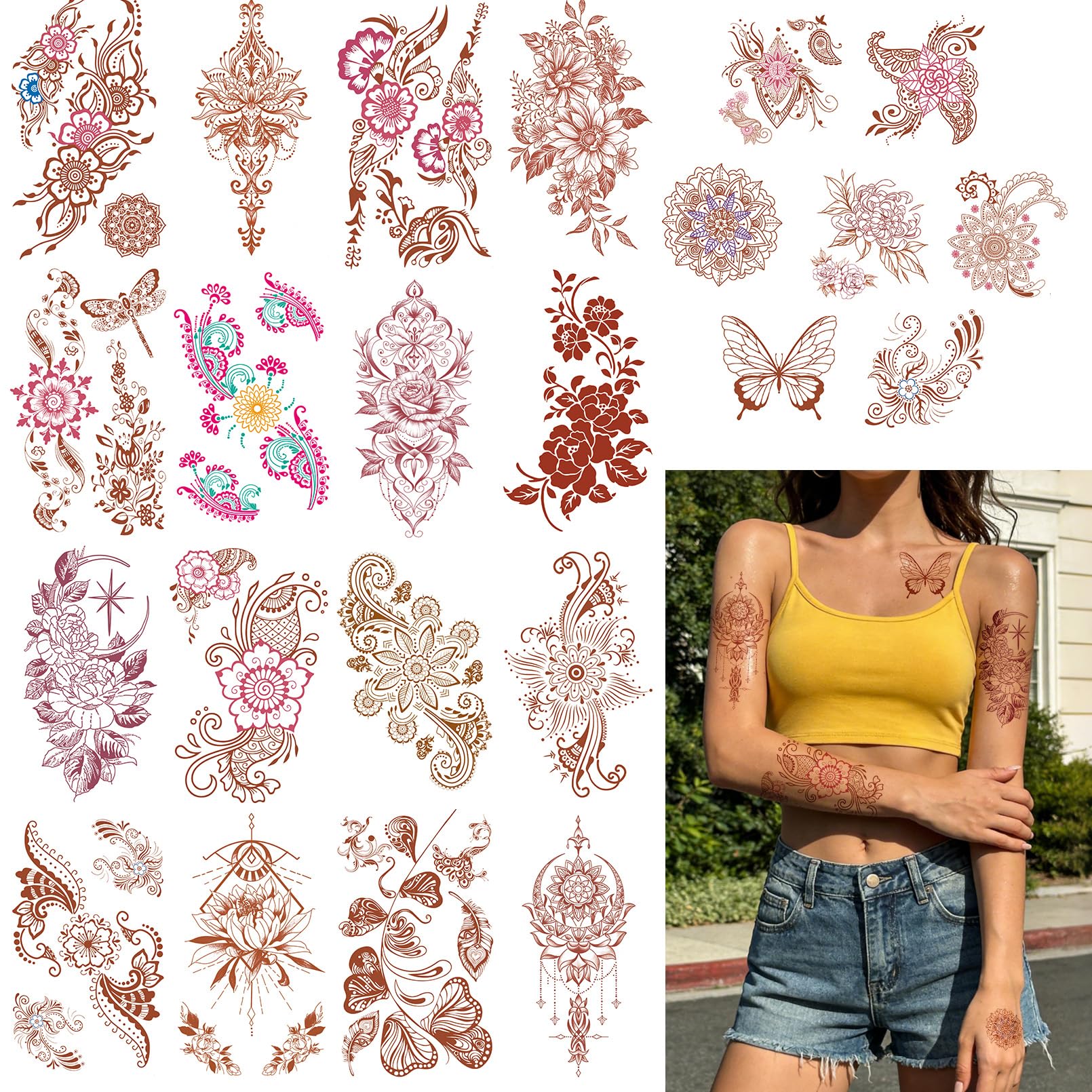 CUTELIILI Brown Flower Temporary Tattoo for Adult, Waterproof Tattoo Stickers for Girls Women Wedding Party Body Art