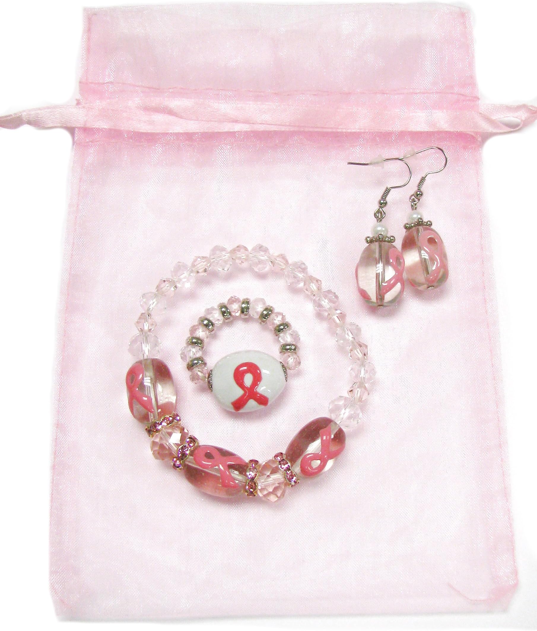 Linpeng Breast Cancer Awareness - Cancer Survivor - Pink Ribbon Stretch Bracelet - Earrings, Finger Ring Jewelry Set - Glass Crystal Beads 8 to 18mm -Bracelet Length 7.5" - 1 Set