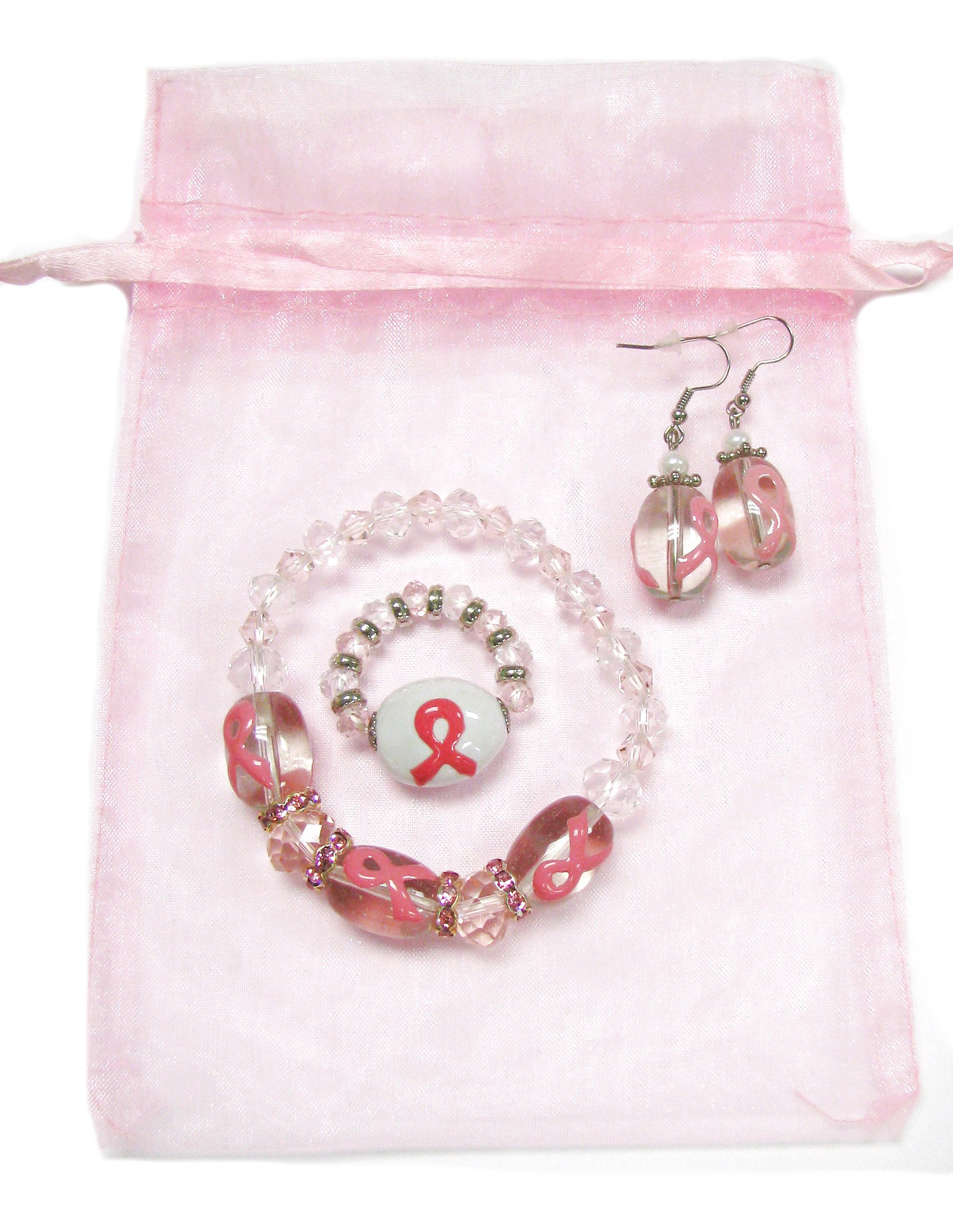 Linpeng Breast Cancer Awareness - Cancer Survivor - Pink Ribbon Stretch Bracelet - Earrings, Finger Ring Jewelry Set - Glass Crystal Beads 8 to 18mm -Bracelet Length 7.5" - 1 Set