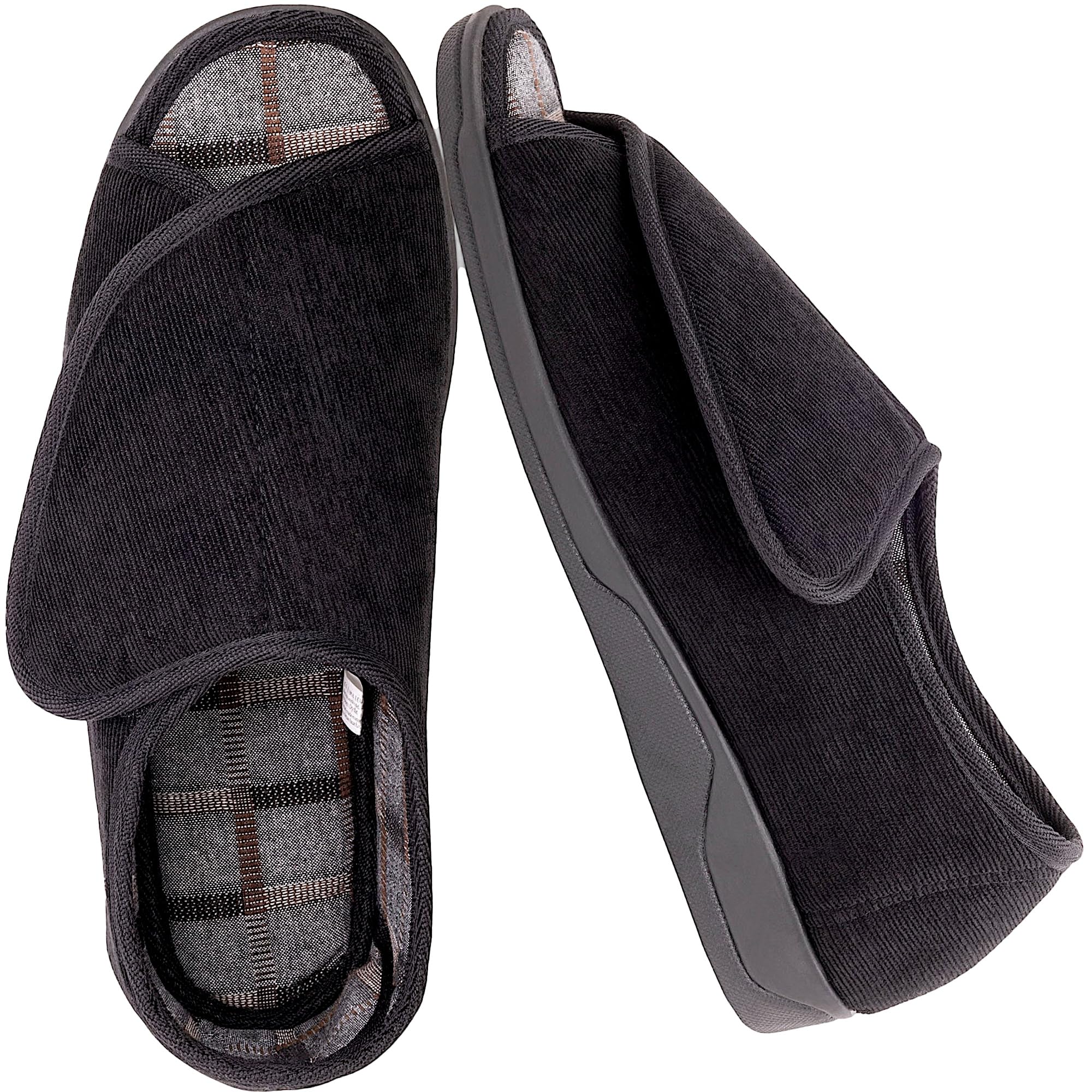 Men's Wide Furry 80-D Memory Foam Diabetic Slipper with Adjustable Closures, Wide Width Warm Plush Fleece Arthritis Edema Swollen Diabetic House Shoes