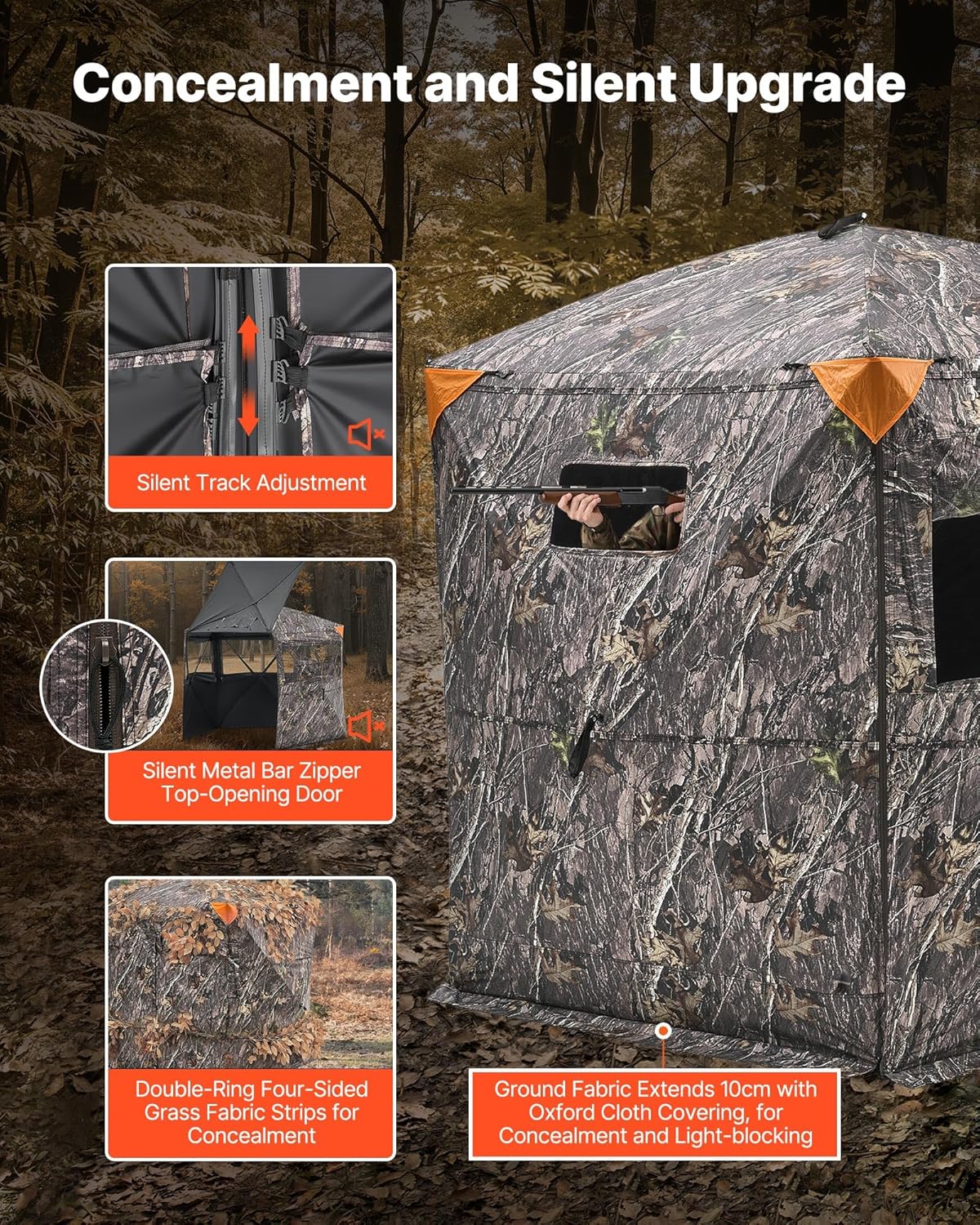 VEVOR Hunting Blind，See Through Ground Blinds with Carrying Bag, 360 Degree Portable Camouflage Tent，Durable Concealed Shelter with Silent Side Door and Window, for Turkey and Deer