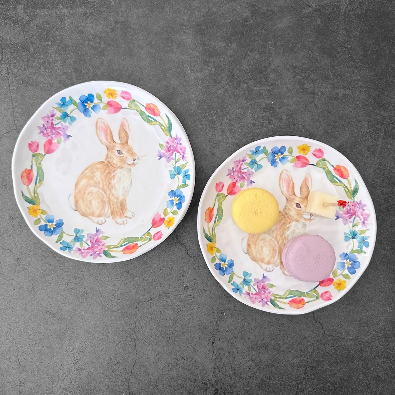 UP UPware Floral Bunny Melamine Round Dessert Plates, Small Serving Plates, Easter Decorations, for Appetizer, Snacks, and Side Dishes, Multicolor, 6 Inch, Set of 4