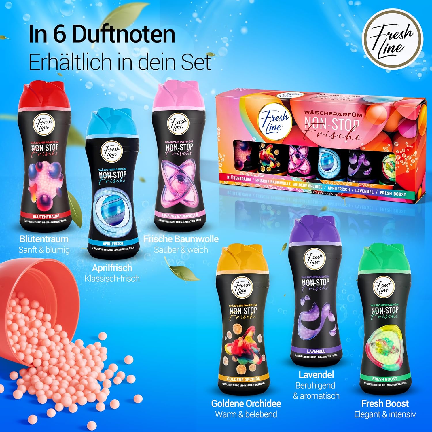 Freshline - Wäscheparfüm Perlen, Duftperlen für Waschmaschine 6 x 300 g - Mise en situation et utilisation