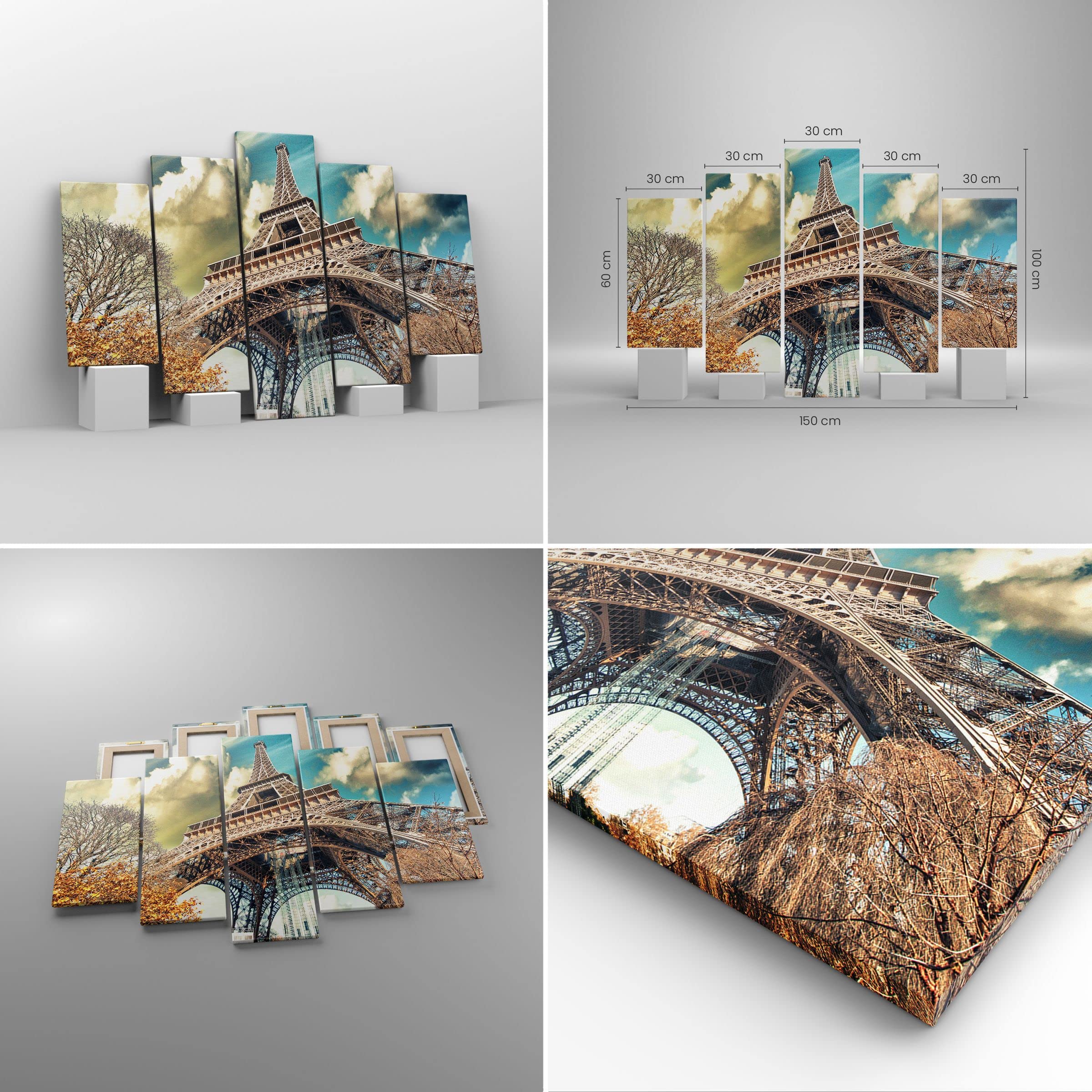 Cuadro Decorativo 150x100cm Moderno Tríptico Arquitectura Ciudades - 2489 | Eiffel Ingeniería Europa Cuadro sobre Lienzo Grande Arte mural Decoración del Hogar Salón Dormitorio Oficina Cuadros de Pared
