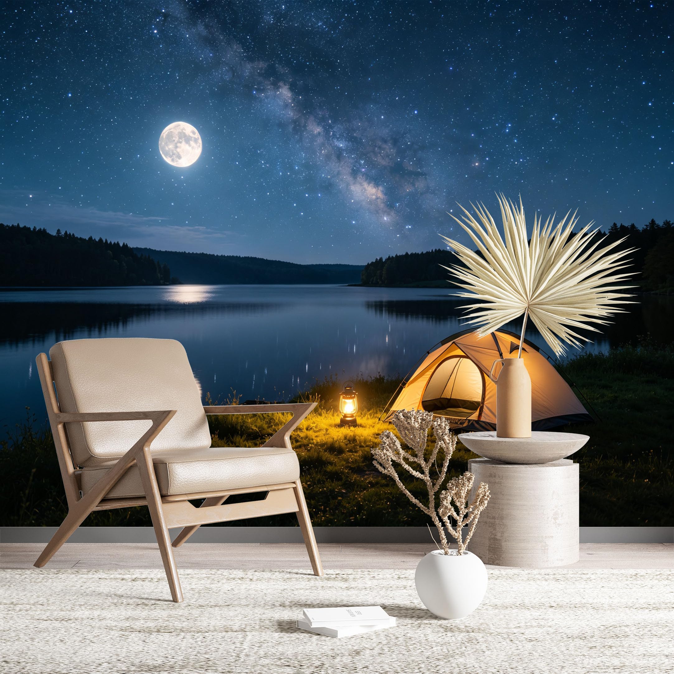 Custom Size Wall Murals Camping Tent by Lake Vivid Self-Adhesive Wall Fabric (NO PVC) Removable Wallpaper for Living Room Outdoor Area