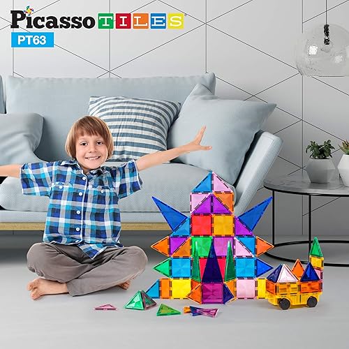 Miniatura 4 de PicassoTiles Juego de 63 piezas de azulejos magnéticos de diamante + 4 figuras de acción familiar, juego de juguetes de construcción de bloques de