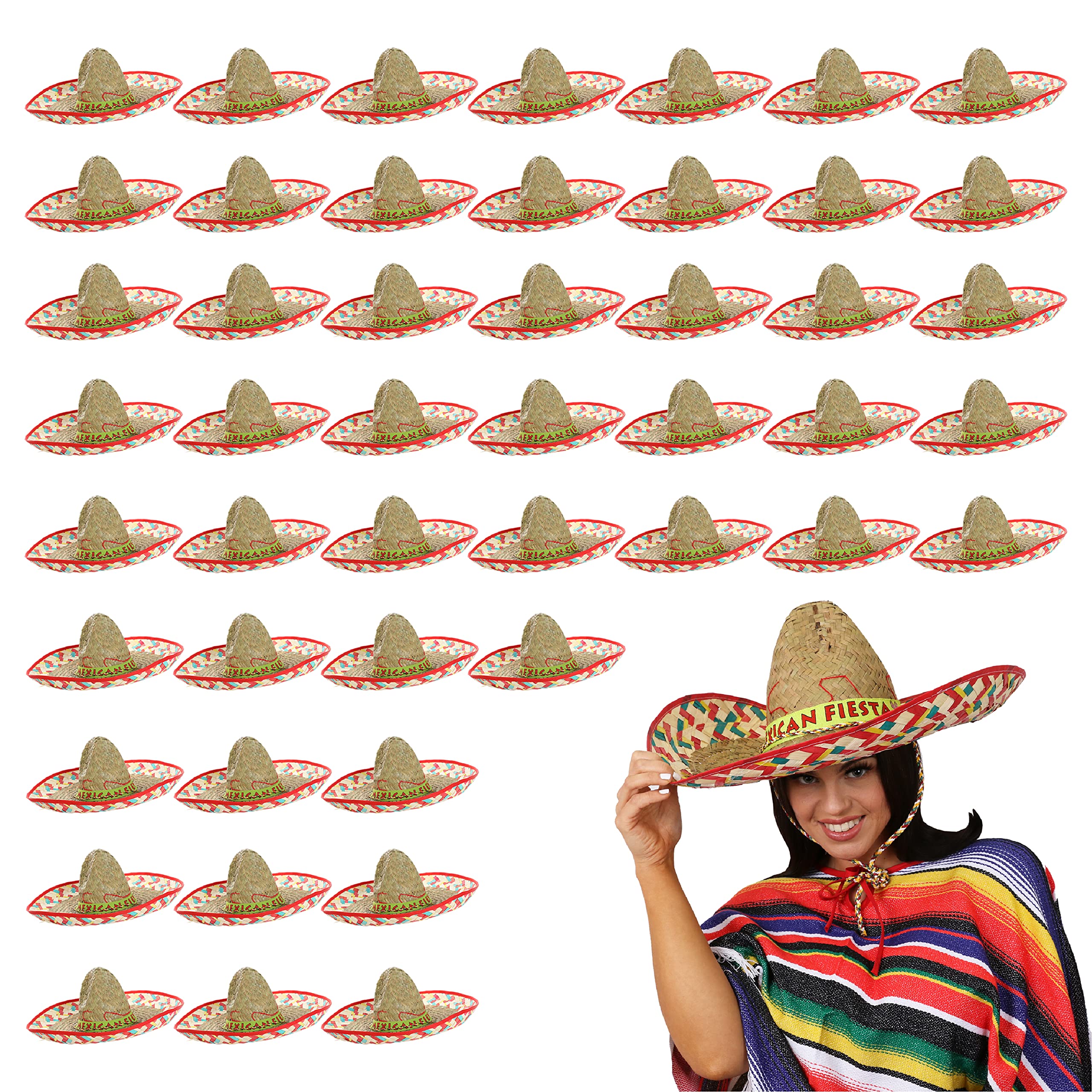 Red Mexican Sombrero - Mexico Bandit Straw Hat Party Fiesta Fancy Dress Accessory Ideal for Men & Women - Pack Of 48