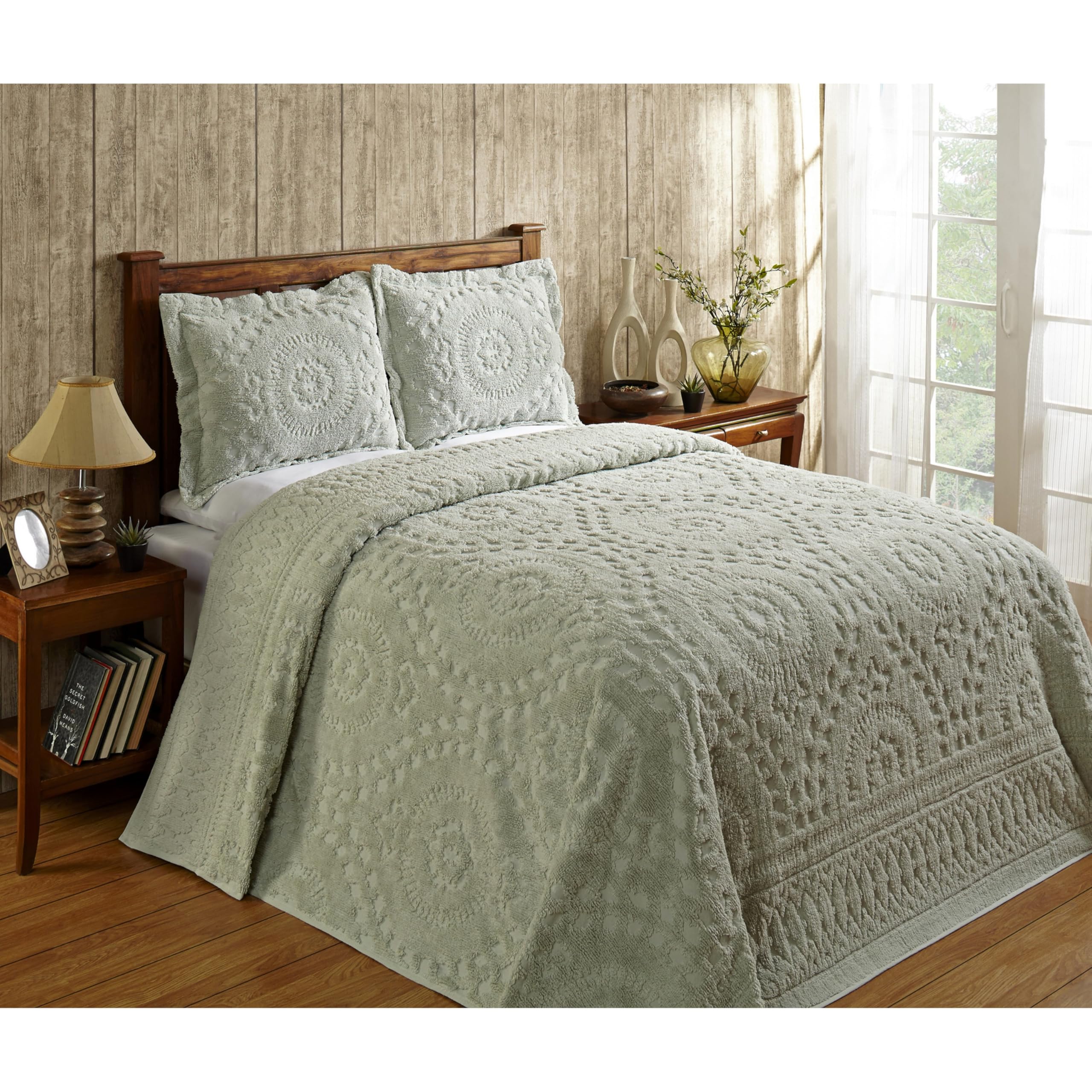 Better Trends Rio Collection is Super Soft and Light Weight in Floral Design 100 Percent Cotton Tufted Unique Luxurious Machine Washable Tumble Dry, King Bedspread, Sage