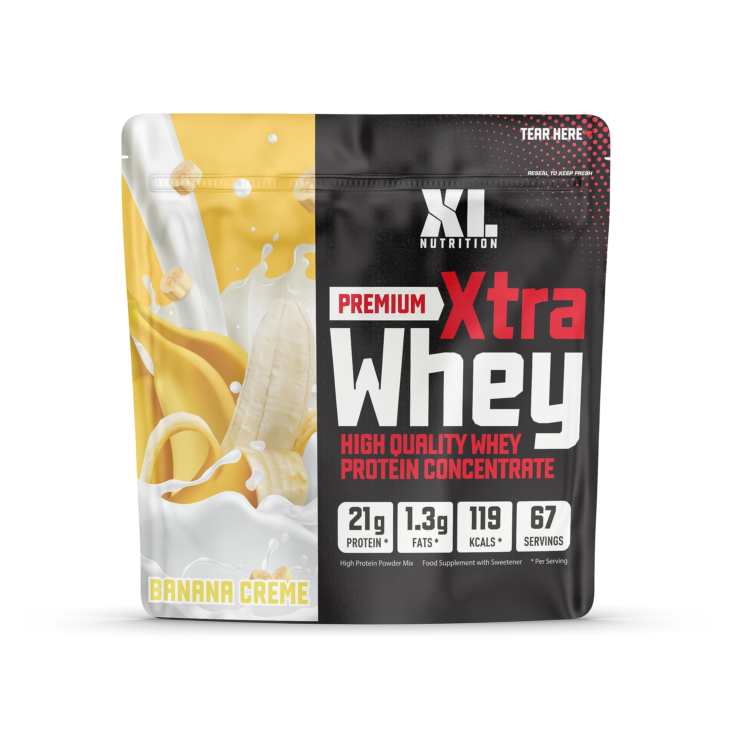 XL Nutrition Whey Protein Powder | High Protein, Low Carbohydrates | 67 Servings, 2kg | Suitable for Vegetarians | Ideal for Muscle Building, Recovery Support (Banana Flavour)