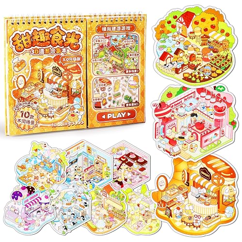 QEF 10 Sets Upgraded 3D Sticker Scene Book, Side-by-Side Cute Kawaii Stickers with 2 Tweezers, DIY Miniature Scene Sticker Book for Kids and Adults, Creative Stress Relief Activity Gift